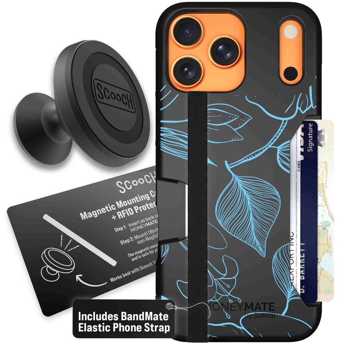 Blue Hibiscus cyan-blue tropical flower pattern on a charcoal Scooch Moneymate case for iPhone 17 Pro Max - Starter Bundle