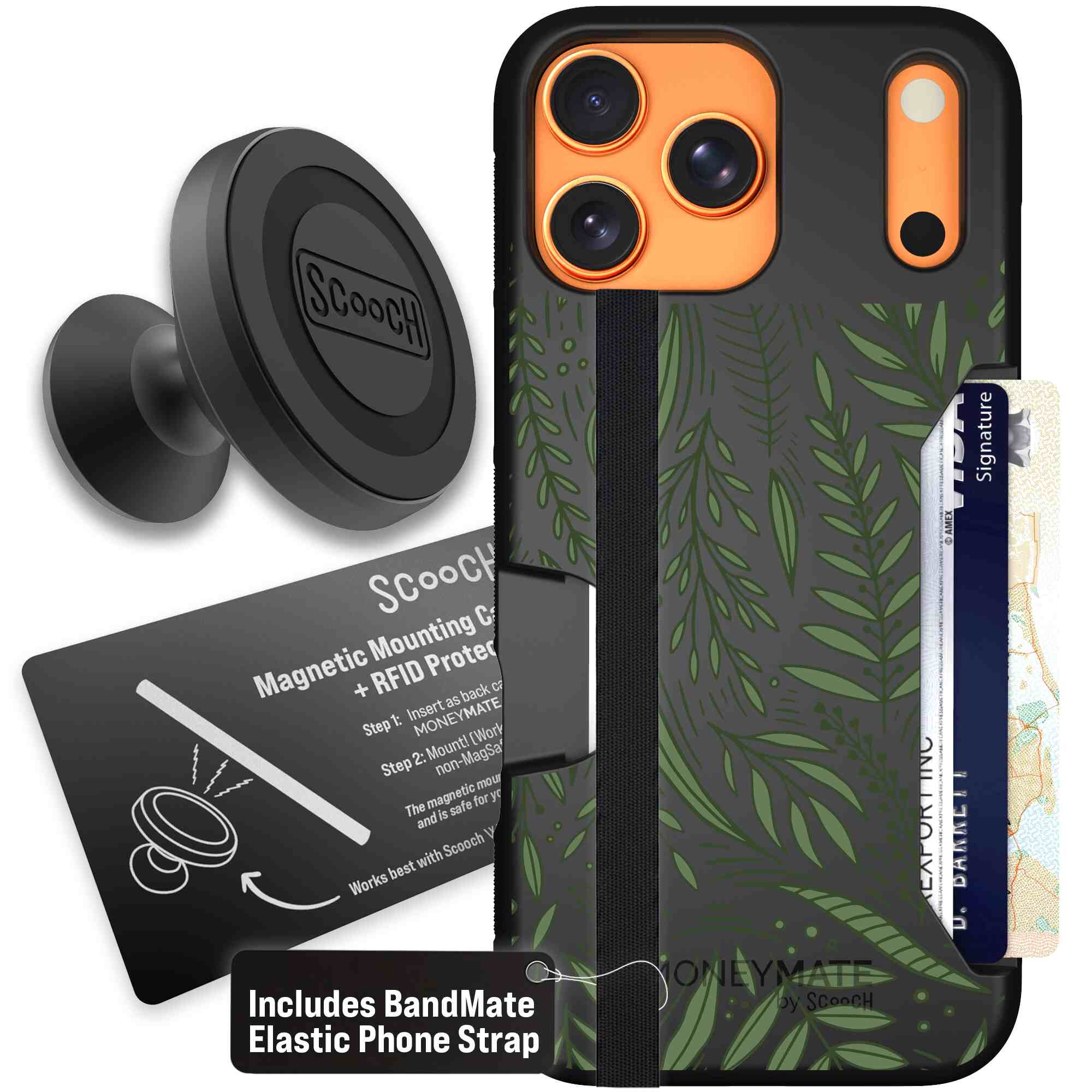 Willow Garden layered green leaves and branches on a charcoal Scooch Moneymate case for iPhone 17 Pro Max - Starter Bundle