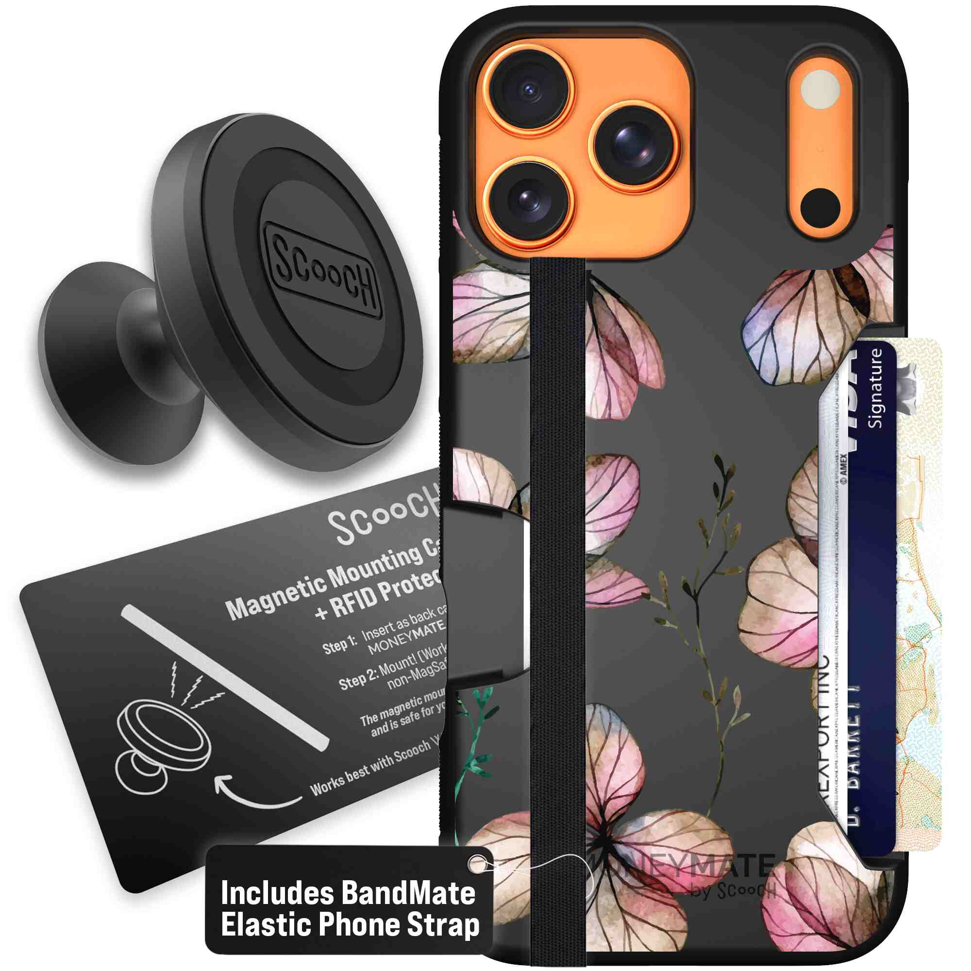 Dried Flowers blush mauve and cream floral pattern on a black Scooch Moneymate case for iPhone 17 Pro Max - Starter Bundle