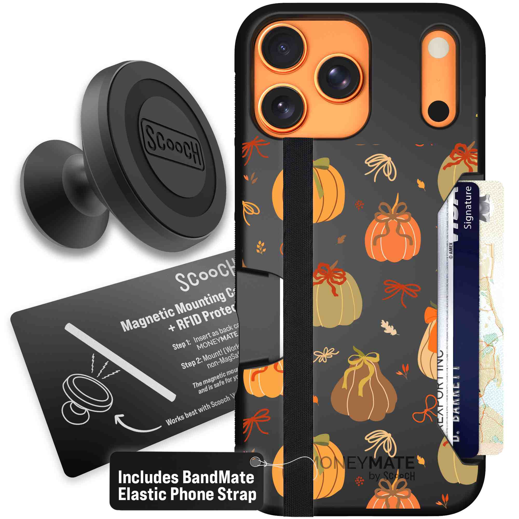 Pretty Pumpkins orange pumpkin and bow pattern on a Scooch Moneymate case for iPhone 17 Pro Max - Starter Bundle