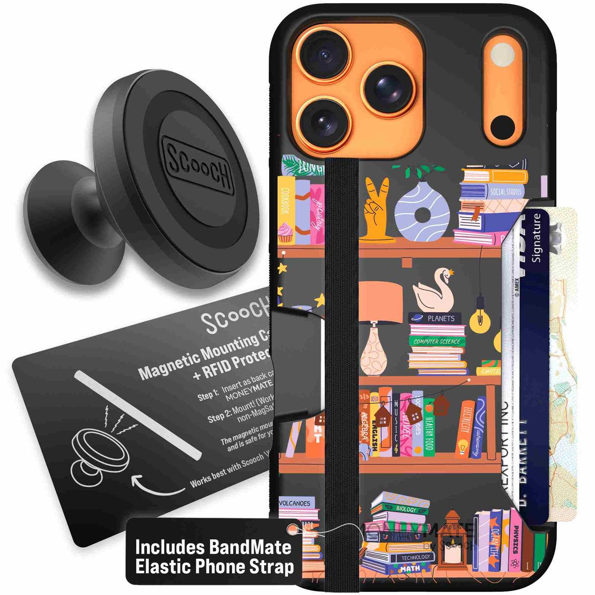 Little Library colorful book and bookshelf pattern on a Scooch Moneymate case for iPhone 17 Pro Max - Starter Bundle