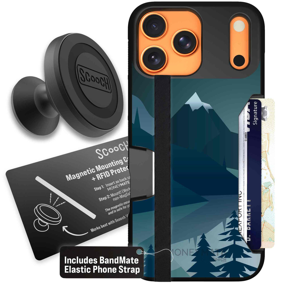Midnight Ridge layered blue mountains and evergreen trees on a Scooch Moneymate case for iPhone 17 Pro Max - Starter Bundle