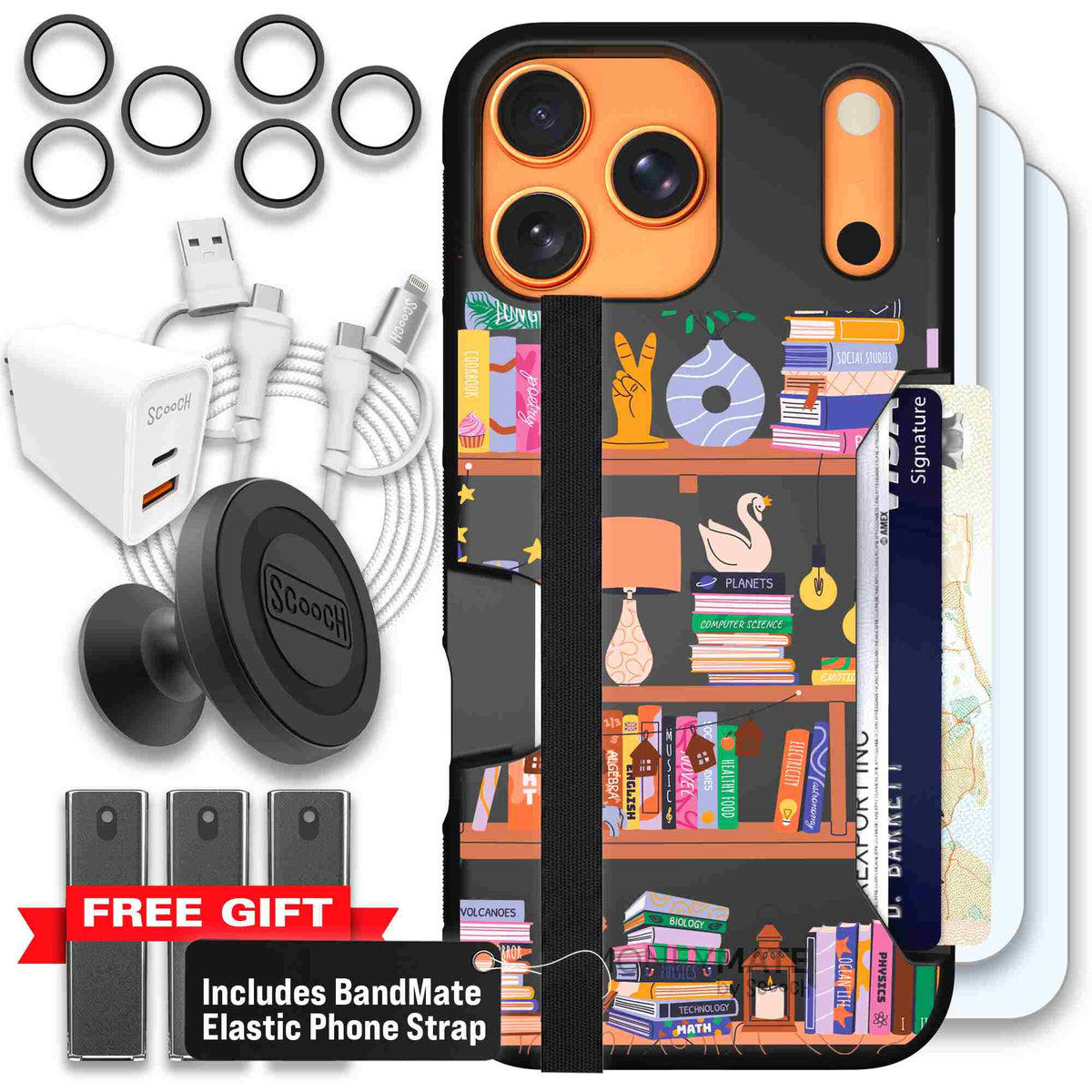 Little Library colorful book and bookshelf pattern on a Scooch Moneymate case for iPhone 17 Pro Max - Ultimate Bundle