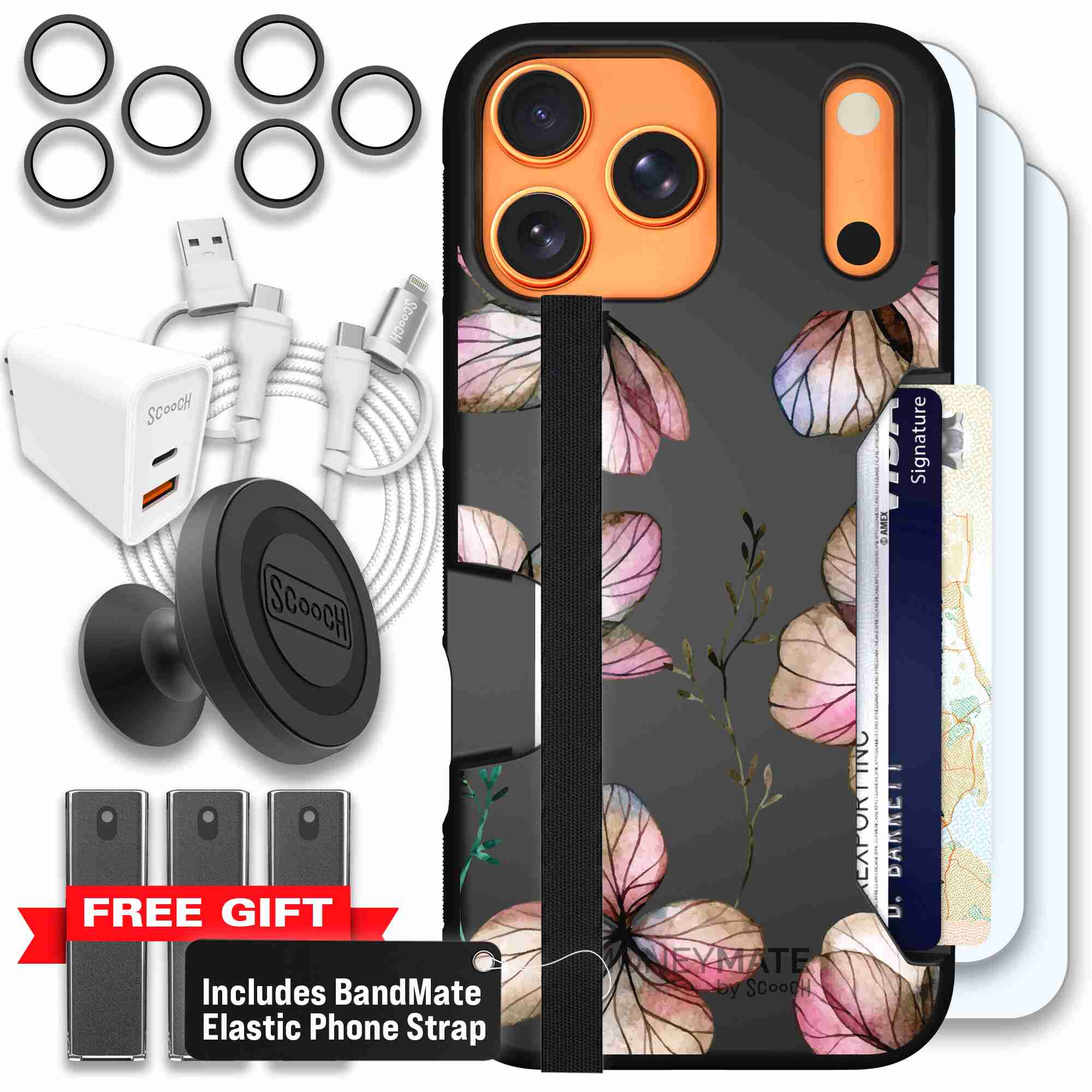 Dried Flowers blush mauve and cream floral pattern on a black Scooch Moneymate case for iPhone 17 Pro Max - Ultimate Bundle