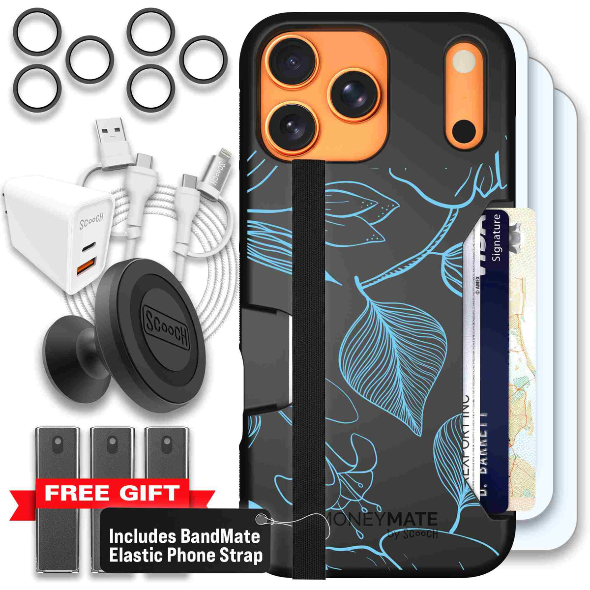 Blue Hibiscus cyan-blue tropical flower pattern on a charcoal Scooch Moneymate case for iPhone 17 Pro Max - Ultimate Bundle