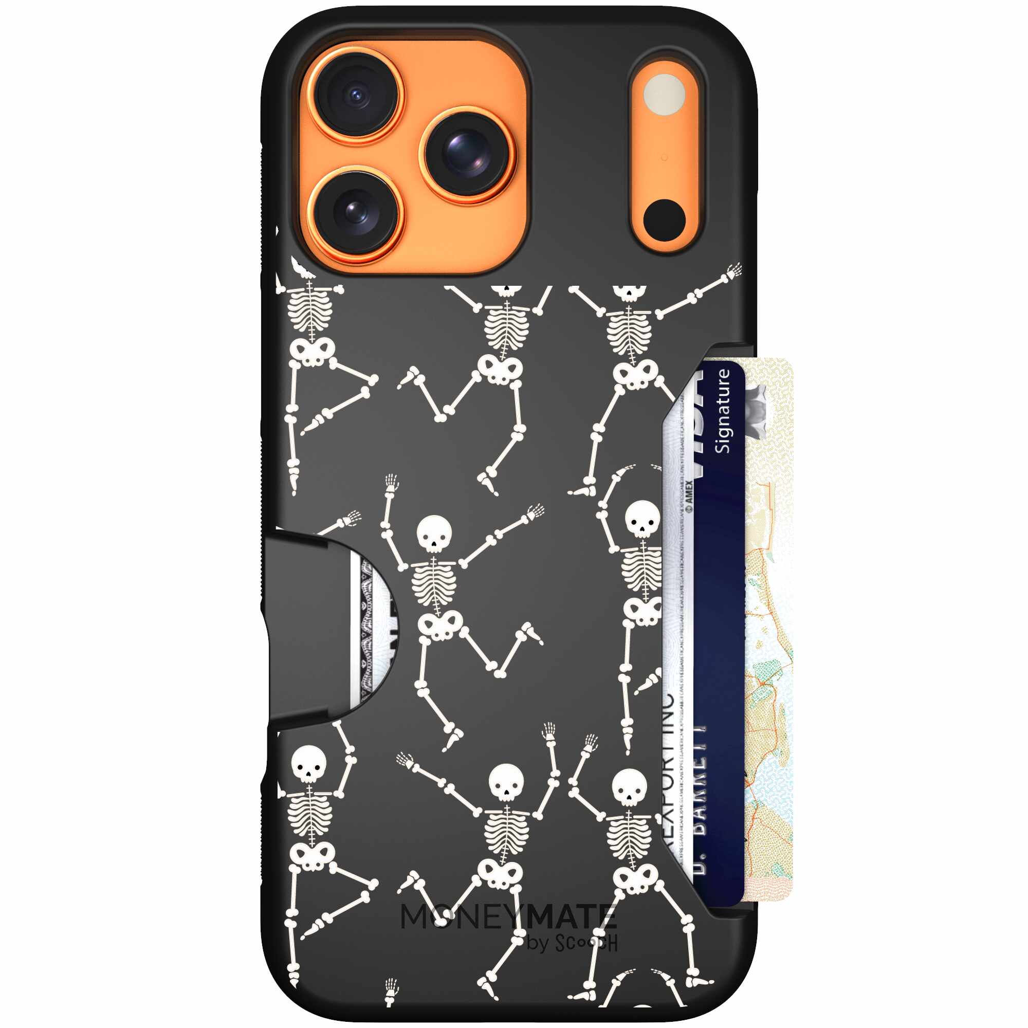 Swinging Skeletons white dancing skeleton pattern on a black Scooch Moneymate case for iPhone 17 Pro Max