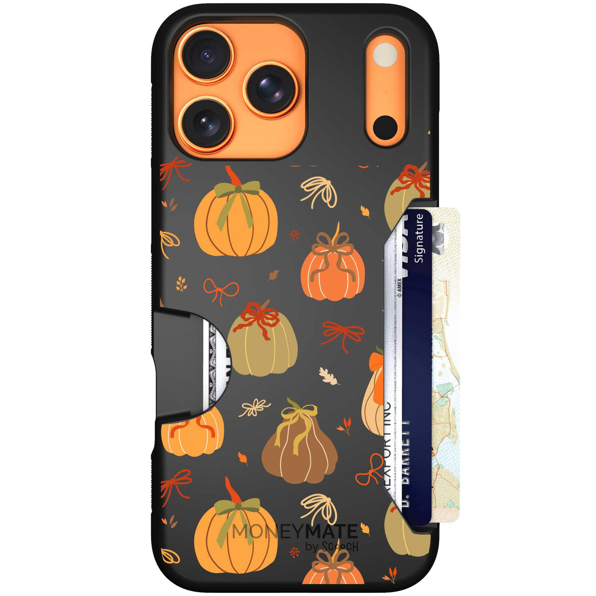 Pretty Pumpkins orange pumpkin and bow pattern on a Scooch Moneymate case for iPhone 17 Pro Max