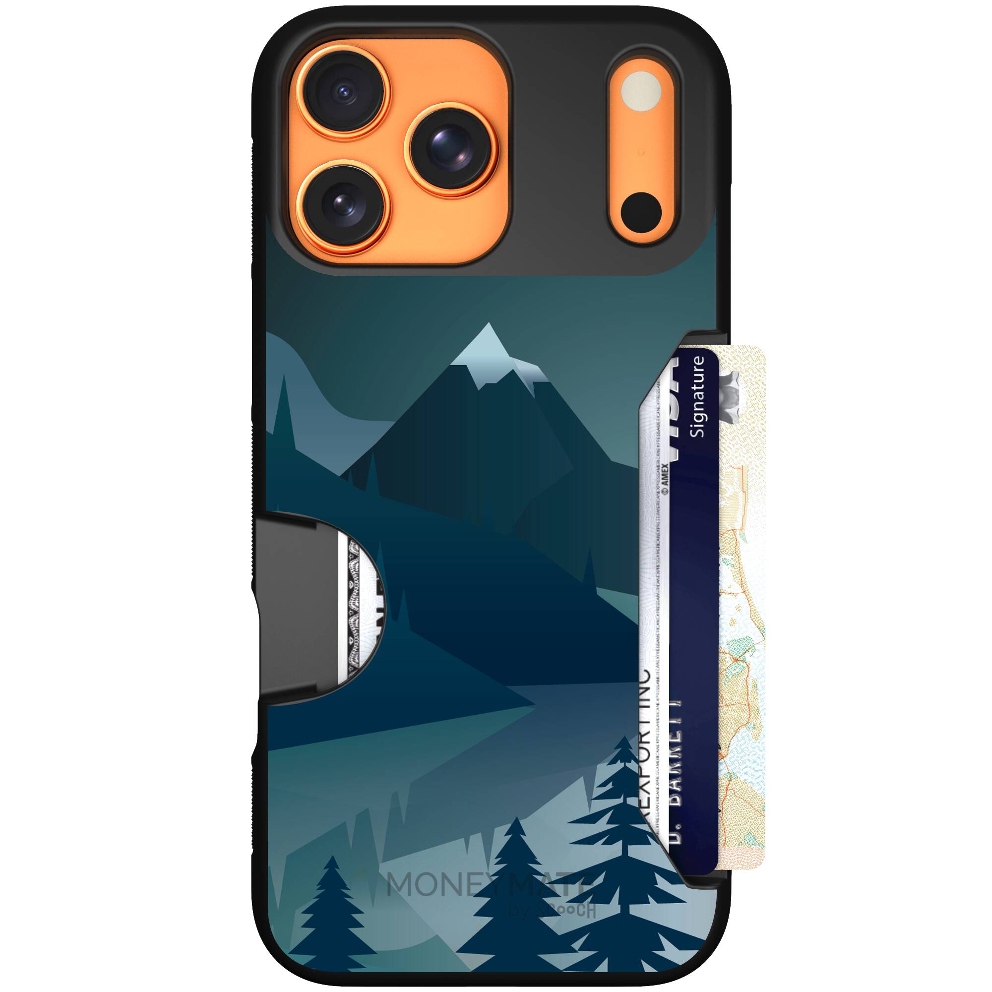 Midnight Ridge layered blue mountains and evergreen trees on a Scooch Moneymate case for iPhone 17 Pro Max