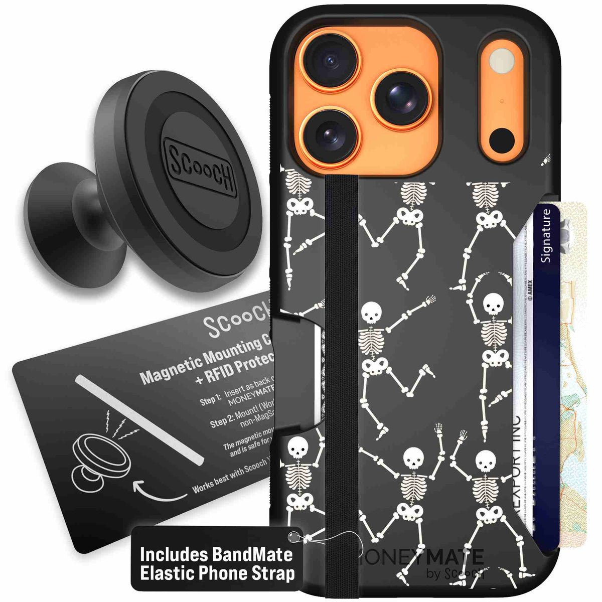 Swinging Skeletons white dancing skeleton pattern on a black Scooch Moneymate case for iPhone 17 Pro - Starter Bundle