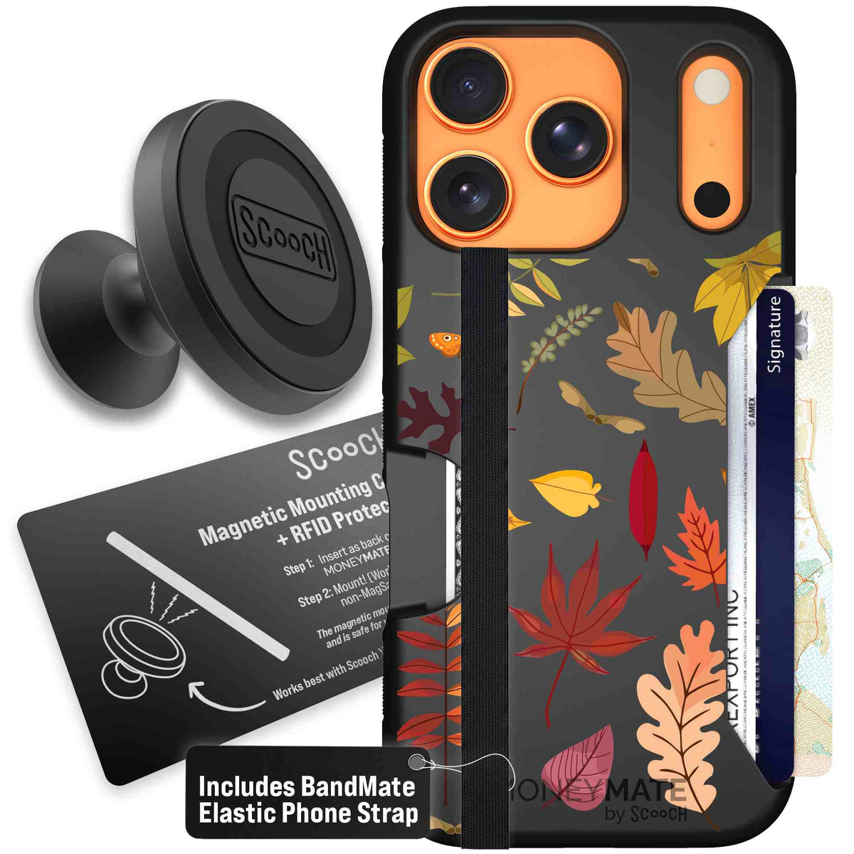 Autumn Leaves multicolored fall foliage pattern on a charcoal Scooch Moneymate case for iPhone 17 Pro - Starter Bundle