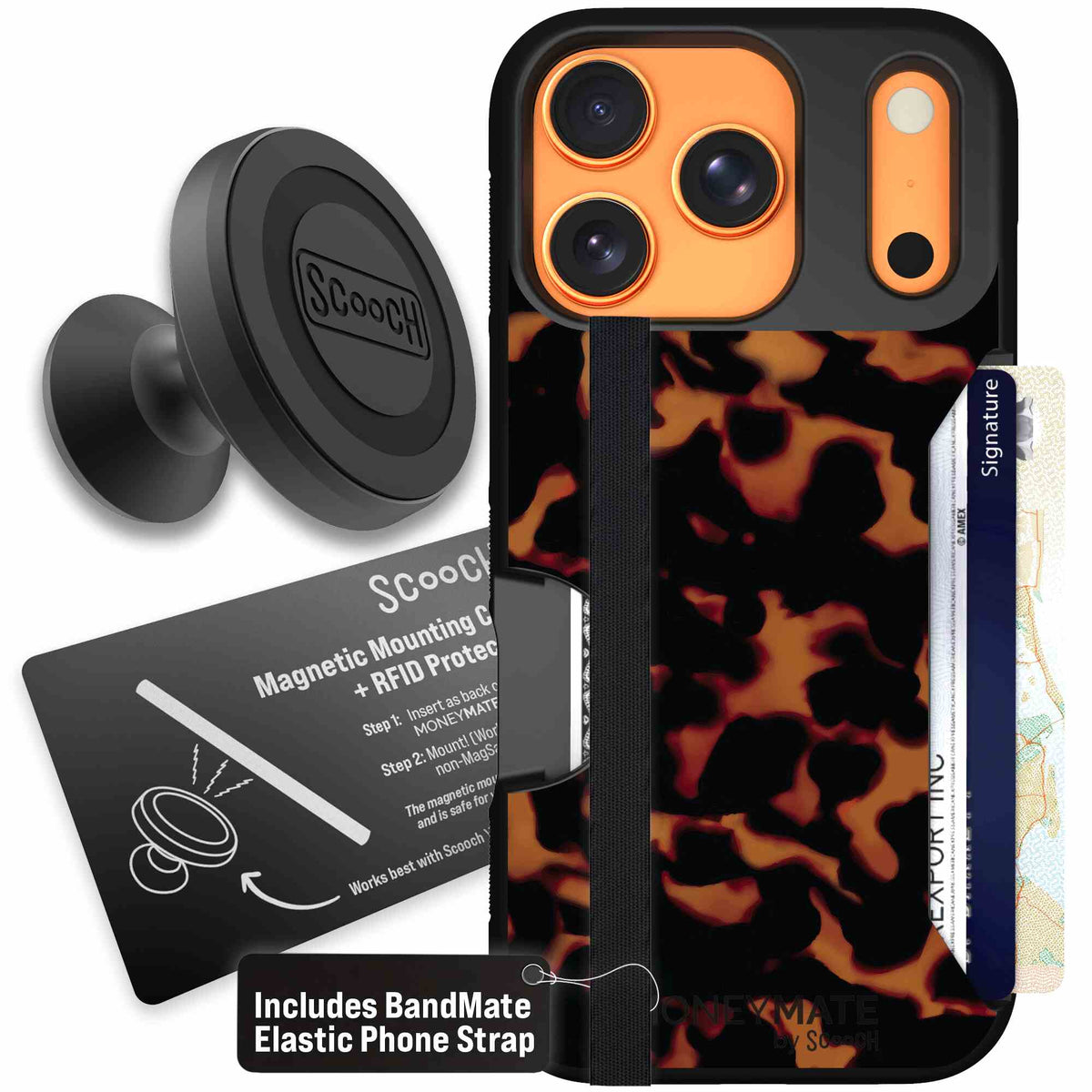 Tortoise Shell amber brown and black mottled pattern on a Scooch Moneymate case for iPhone 17 Pro - Starter Bundle