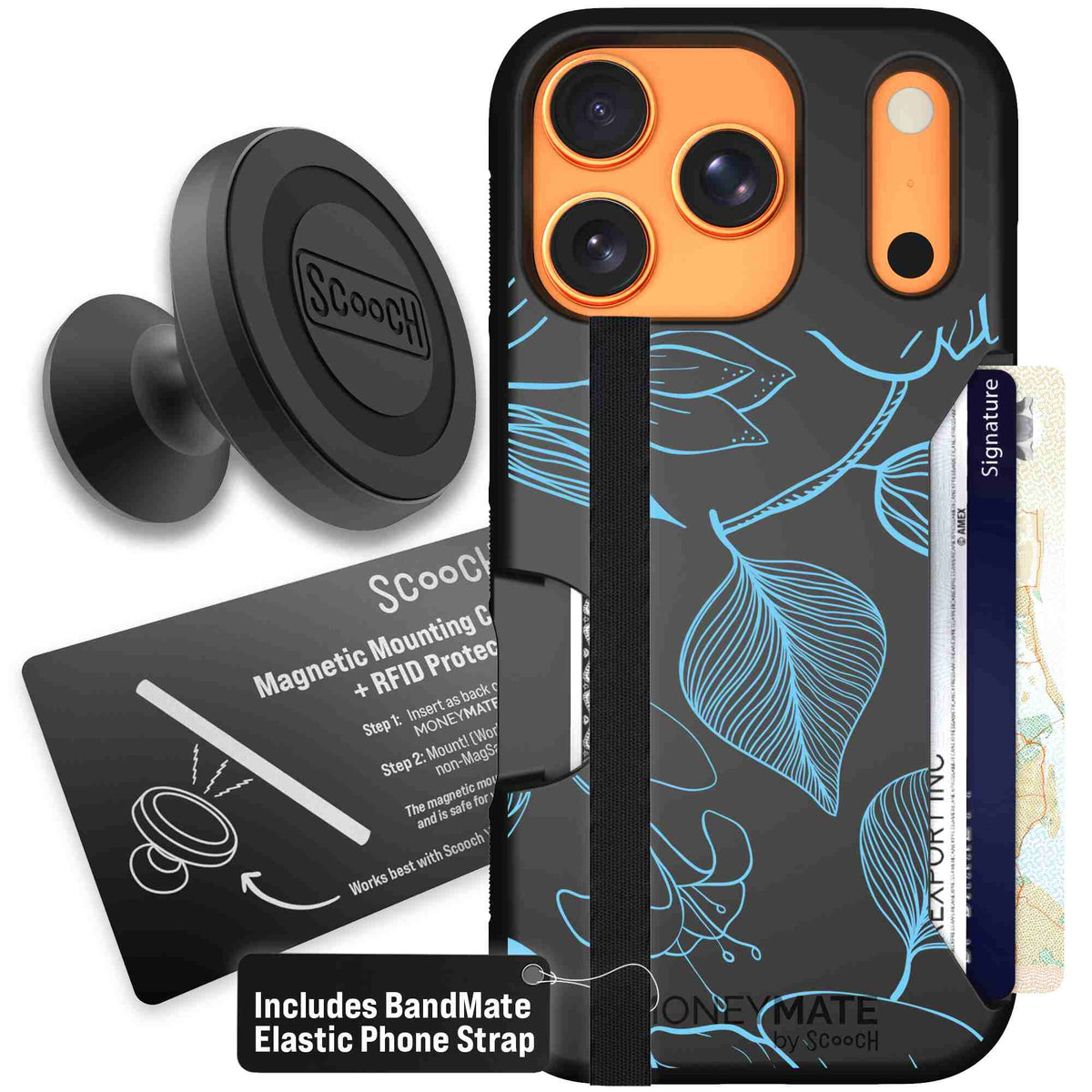 Blue Hibiscus cyan-blue tropical flower pattern on a charcoal Scooch Moneymate case for iPhone 17 Pro - Starter Bundle