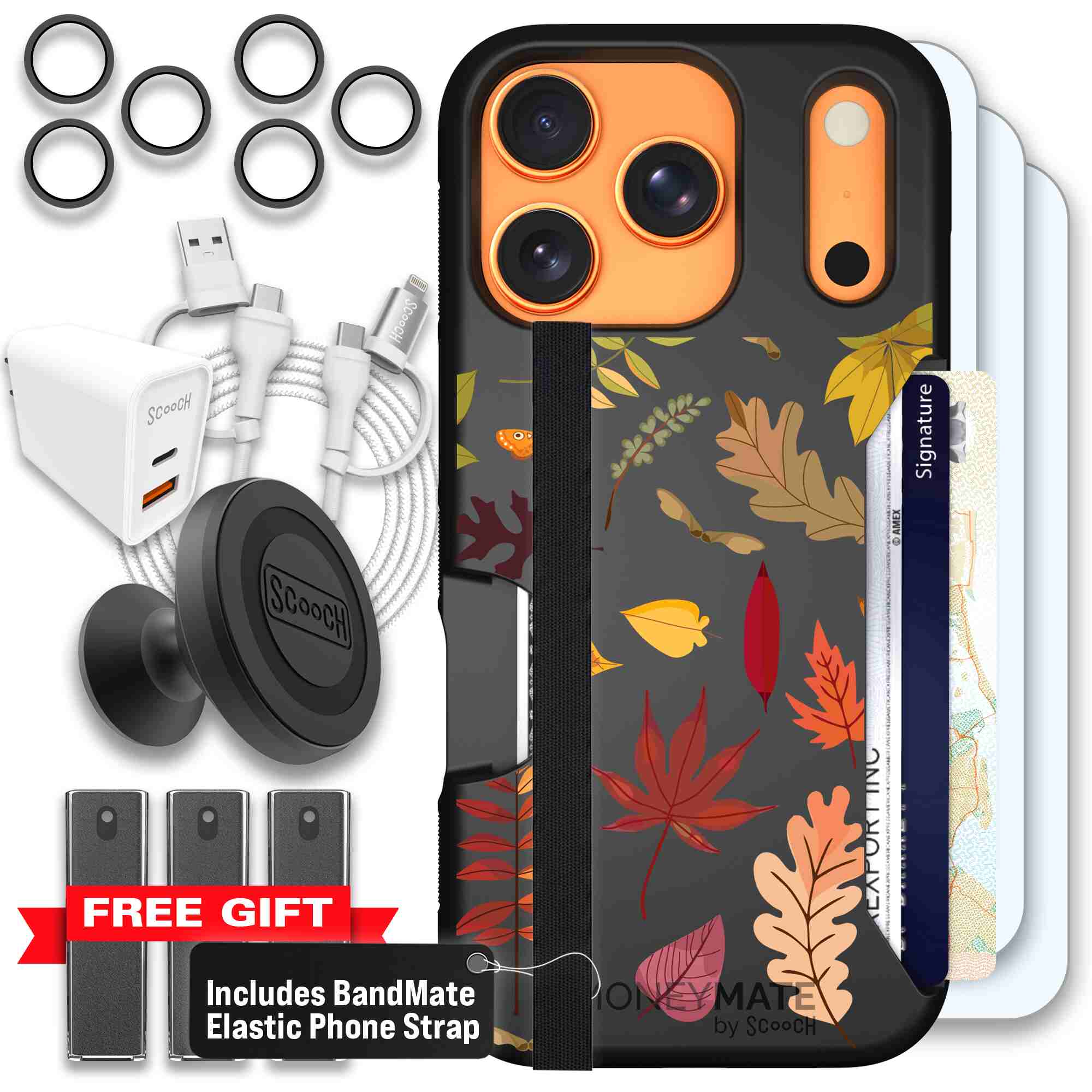 Autumn Leaves multicolored fall foliage pattern on a charcoal Scooch Moneymate case for iPhone 17 Pro - Ultimate Bundle