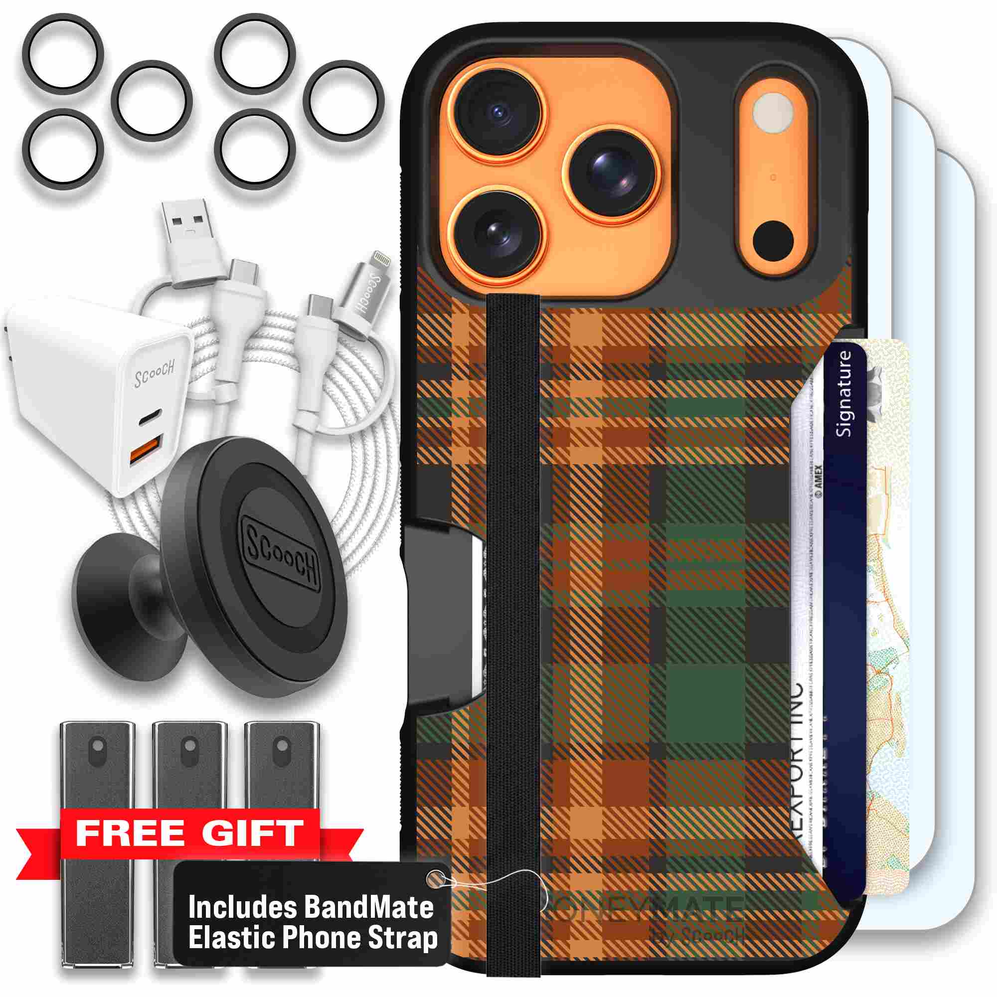 Fall Flannel orange and brown plaid pattern on a Scooch Moneymate case for iPhone 17 Pro - Ultimate Bundle