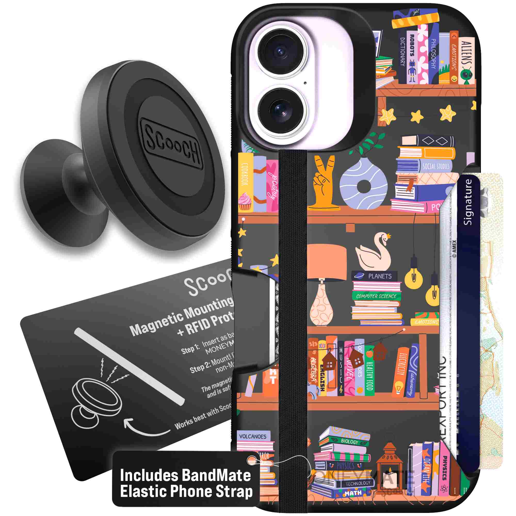 Little Library colorful book and bookshelf pattern on a Scooch Moneymate case for iPhone 17 - Starter Bundle