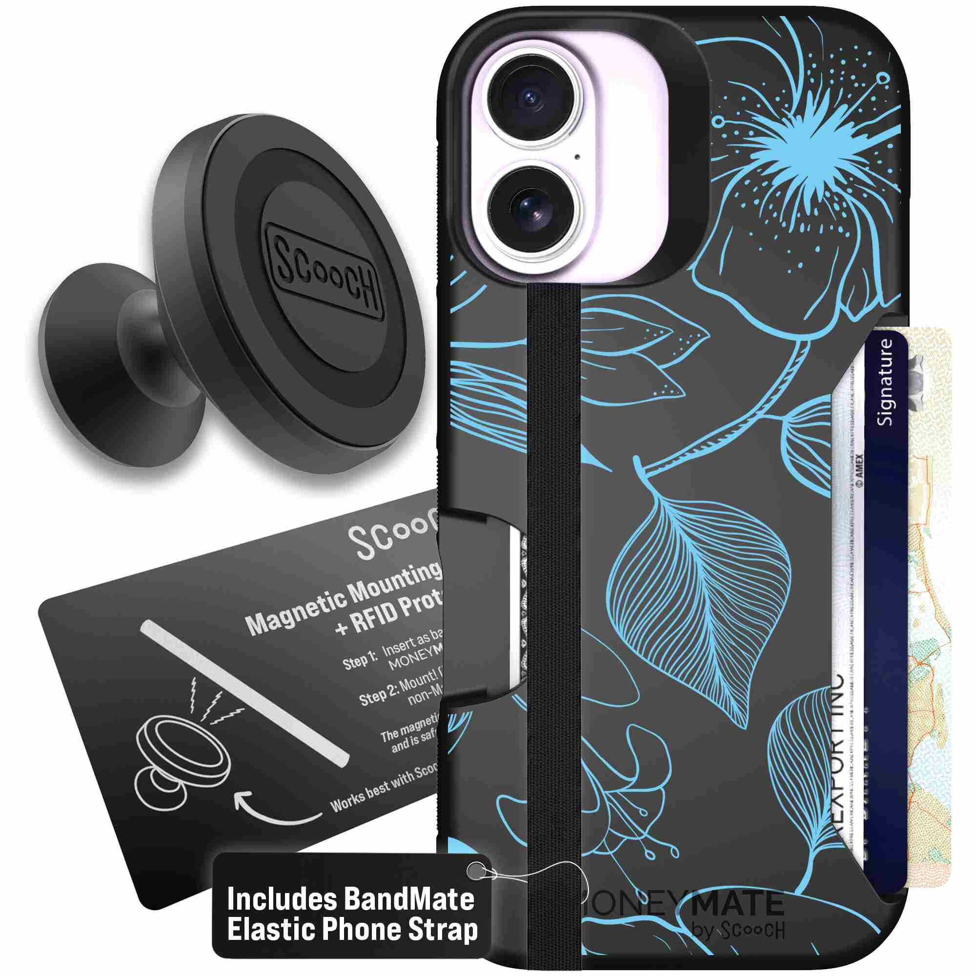 Blue Hibiscus cyan-blue tropical flower pattern on a charcoal Scooch Moneymate case for iPhone 17 - Starter Bundle