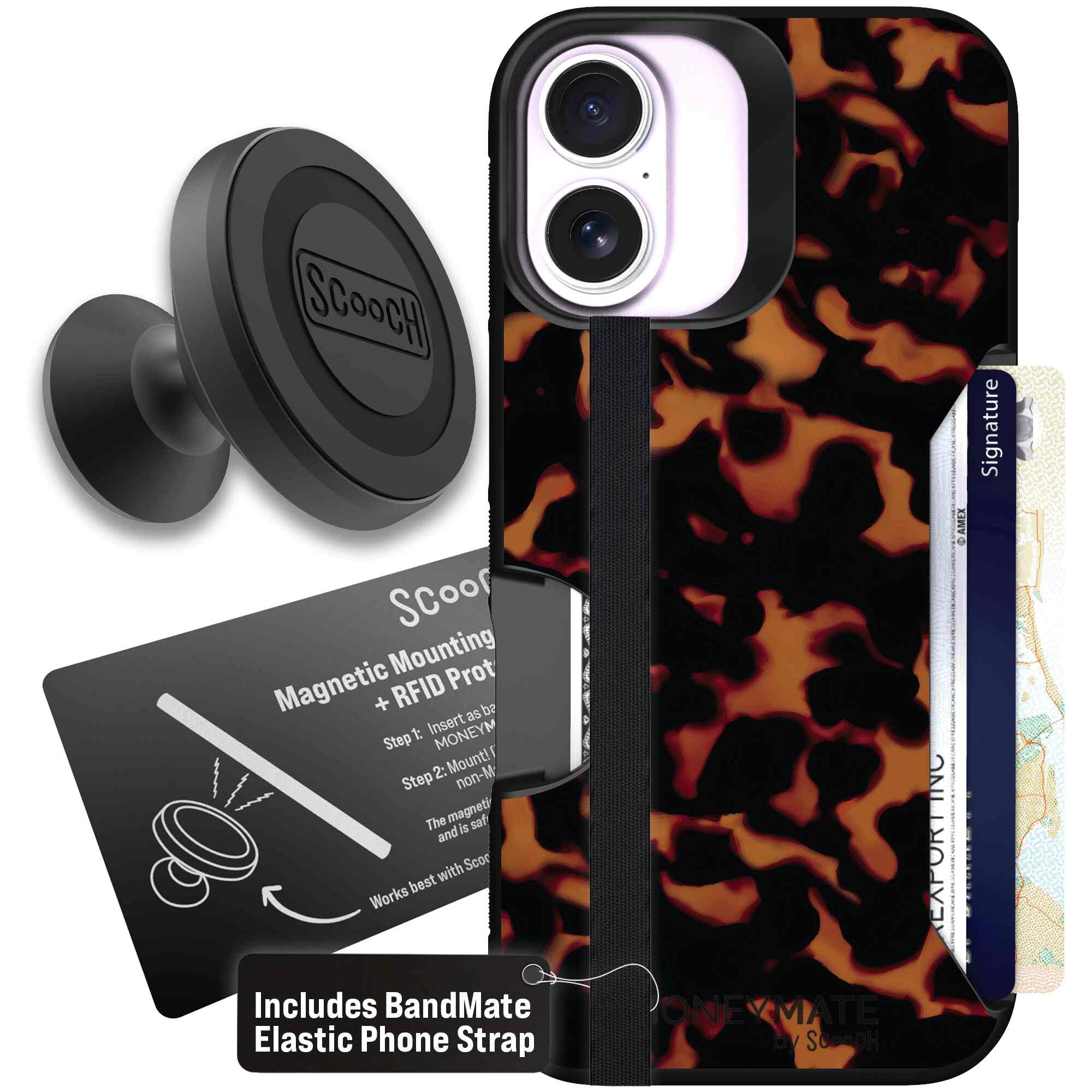 Tortoise Shell amber brown and black mottled pattern on a Scooch Moneymate case for iPhone 17 - Starter Bundle