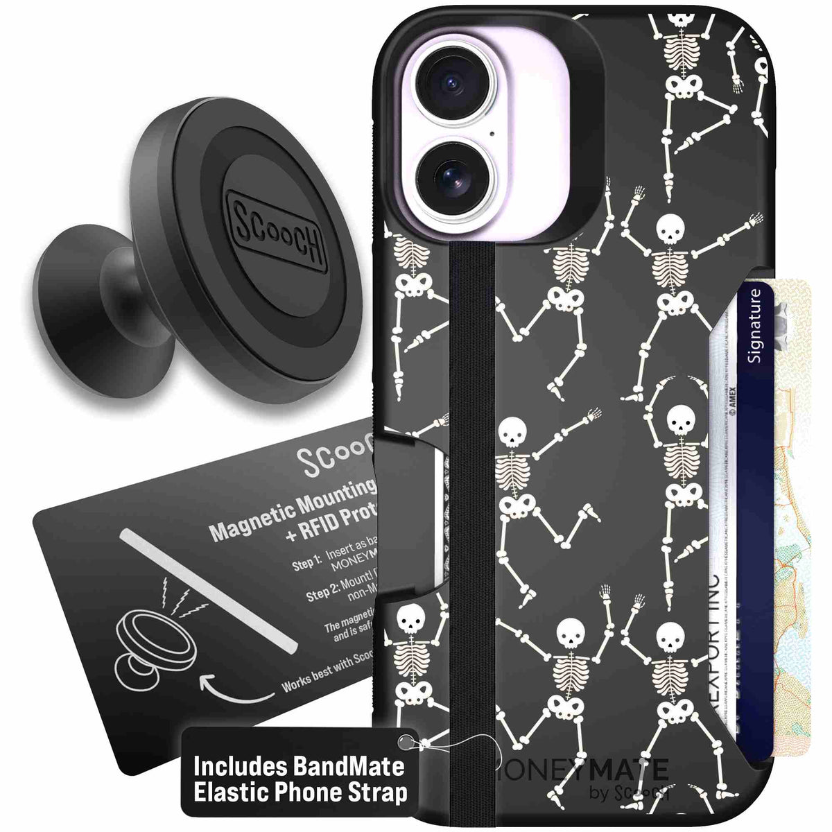 Swinging Skeletons white dancing skeleton pattern on a black Scooch Moneymate case for iPhone 17 - Starter Bundle