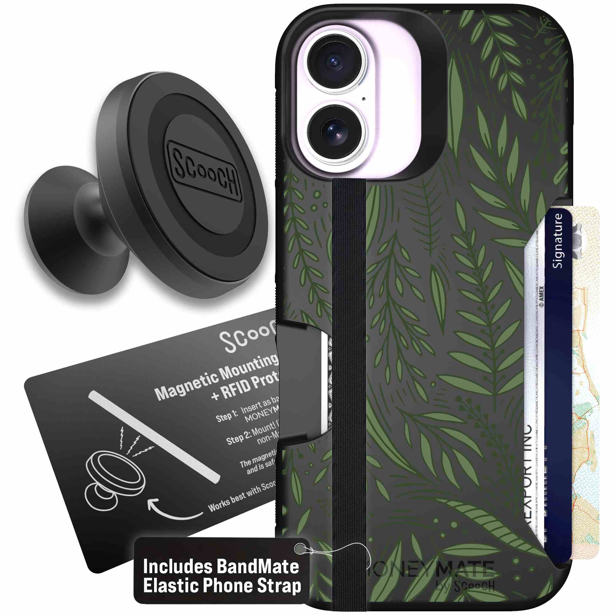 Willow Garden layered green leaves and branches on a charcoal Scooch Moneymate case for iPhone 17 - Starter Bundle