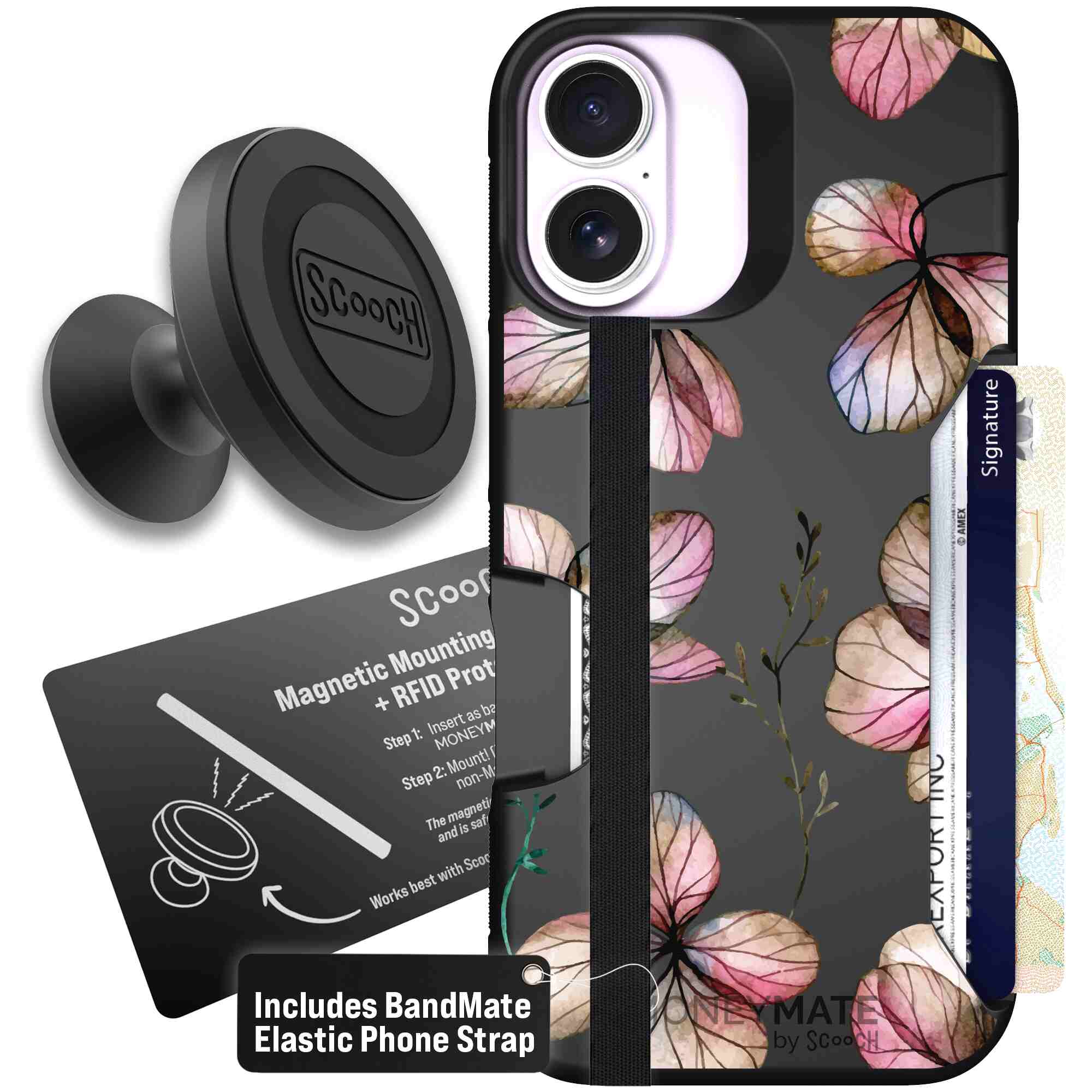 Dried Flowers blush mauve and cream floral pattern on a black Scooch Moneymate case for iPhone 17 - Starter Bundle