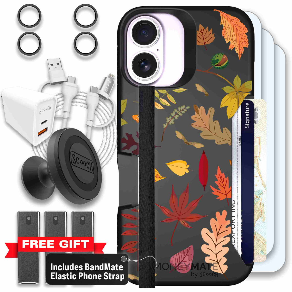 Autumn Leaves multicolored fall foliage pattern on a charcoal Scooch Moneymate case for iPhone 17 - Ultimate Bundle