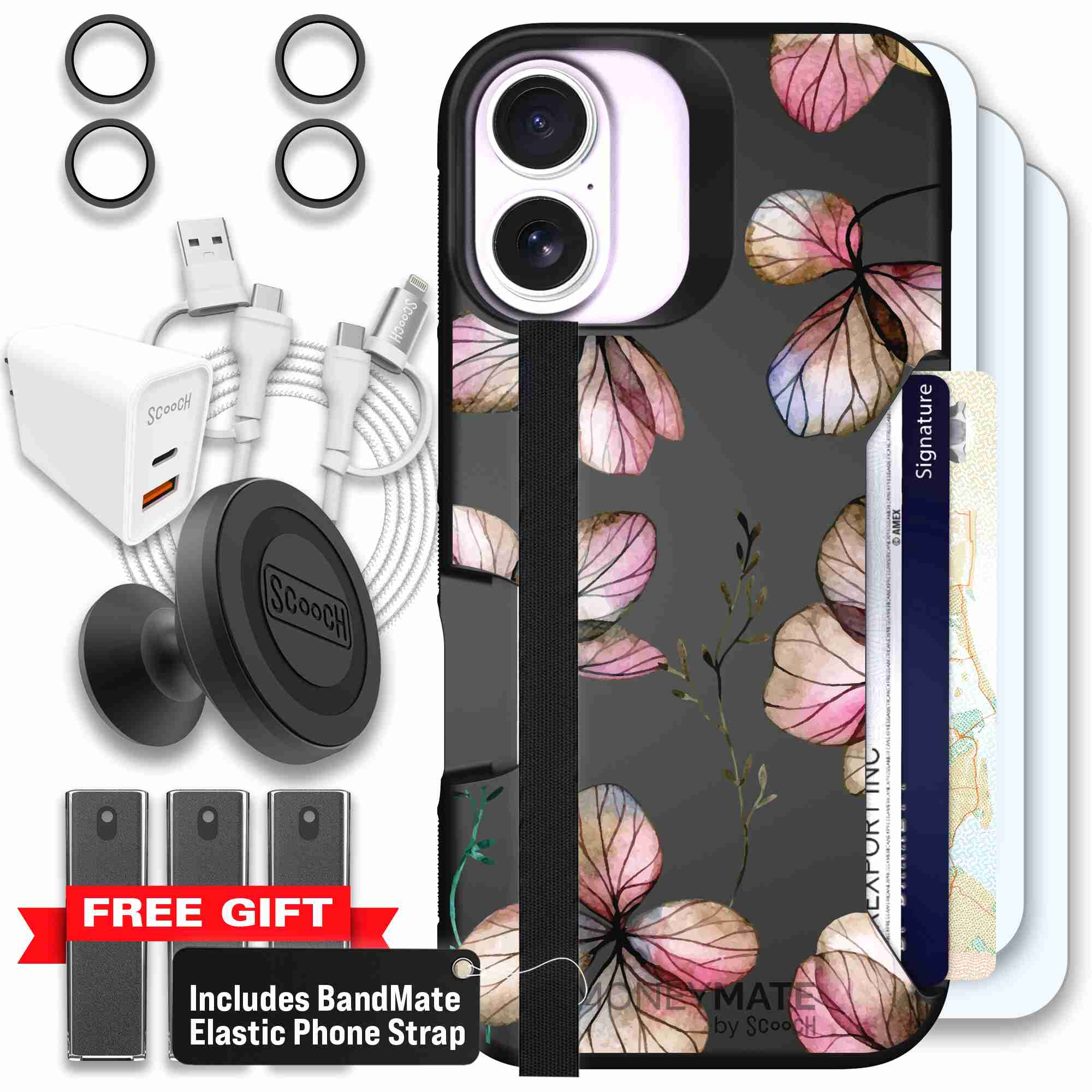 Dried Flowers blush mauve and cream floral pattern on a black Scooch Moneymate case for iPhone 17 - Ultimate Bundle