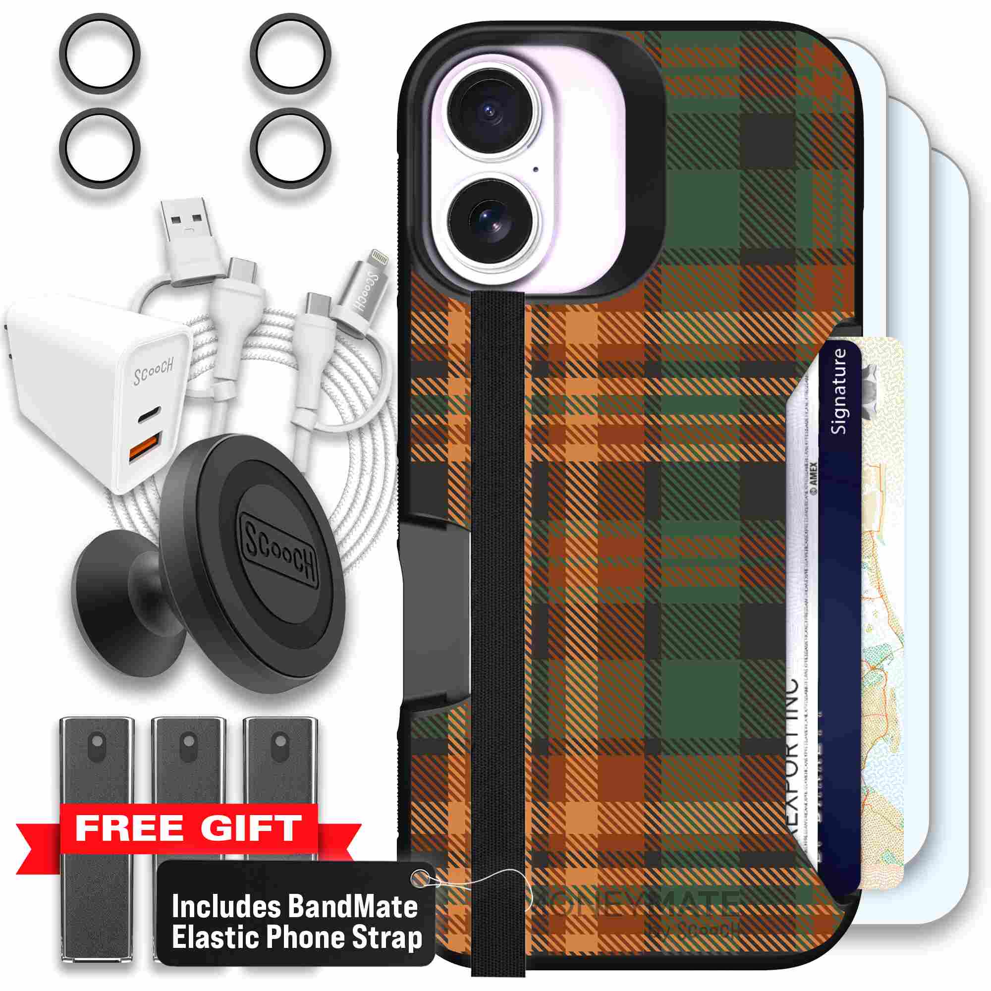 Fall Flannel orange and brown plaid pattern on a Scooch Moneymate case for iPhone 17 - Ultimate Bundle