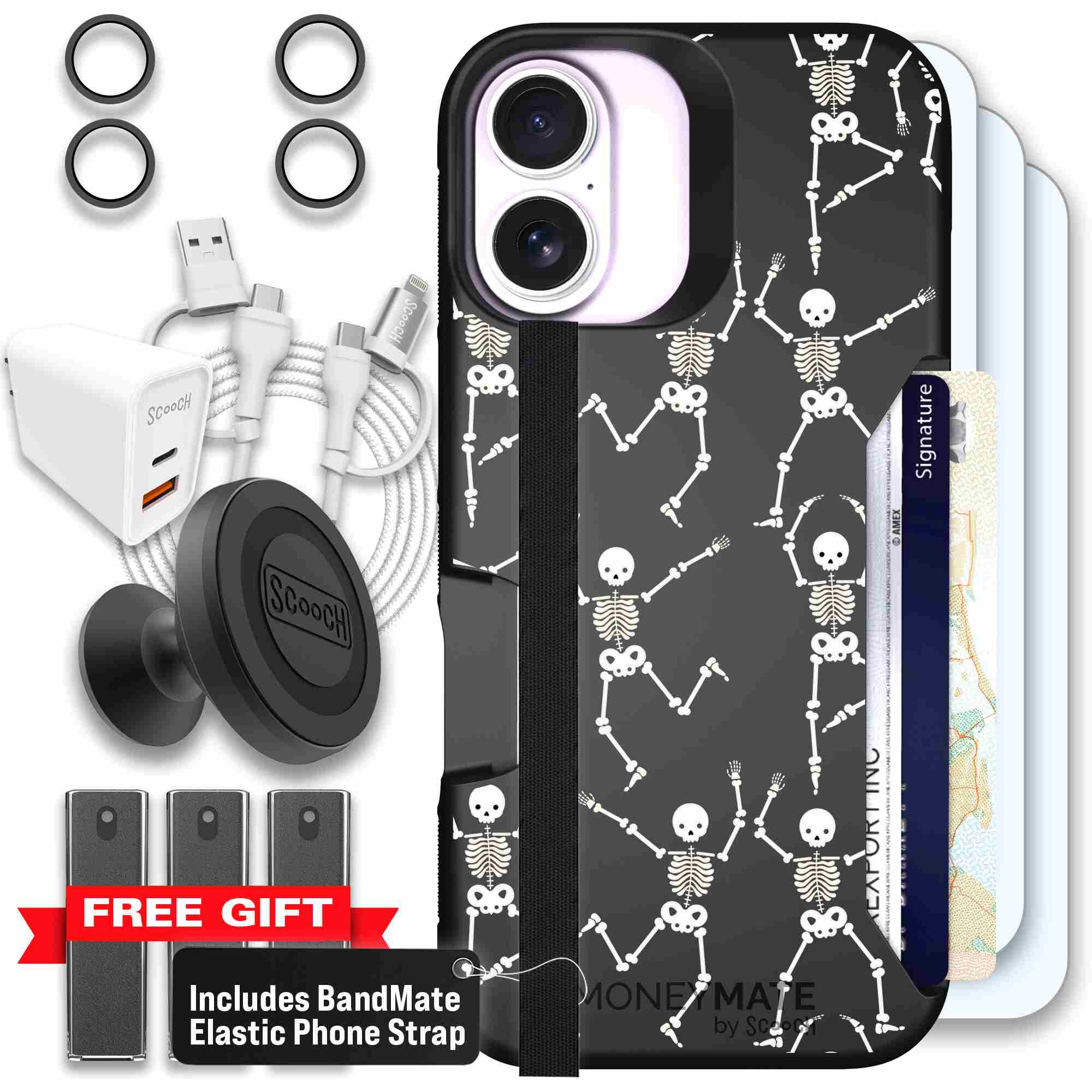 Swinging Skeletons white dancing skeleton pattern on a black Scooch Moneymate case for iPhone 17 - Ultimate Bundle