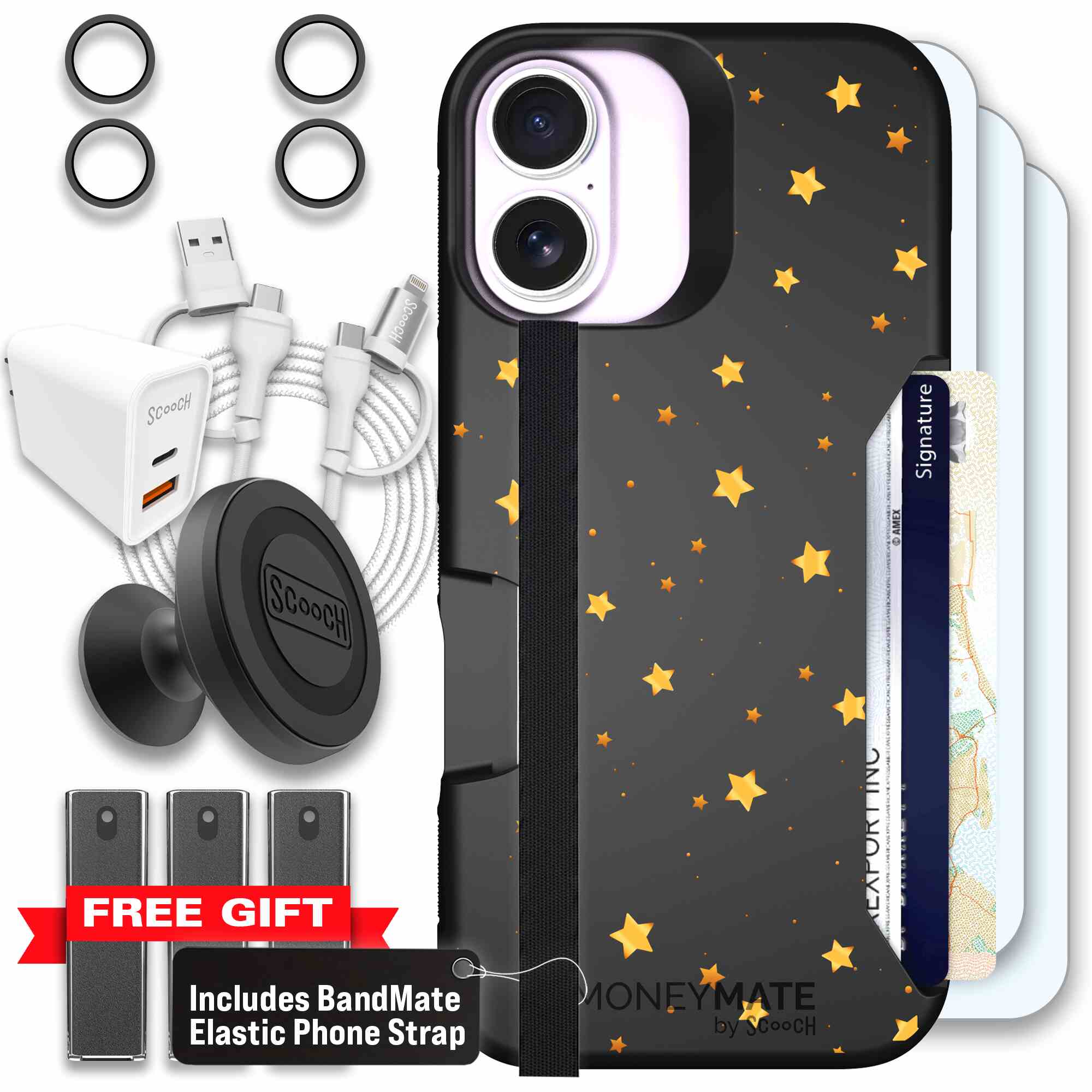 Gold Stars yellow and gold star pattern on a charcoal Scooch Moneymate case for iPhone 17 - Ultimate Bundle