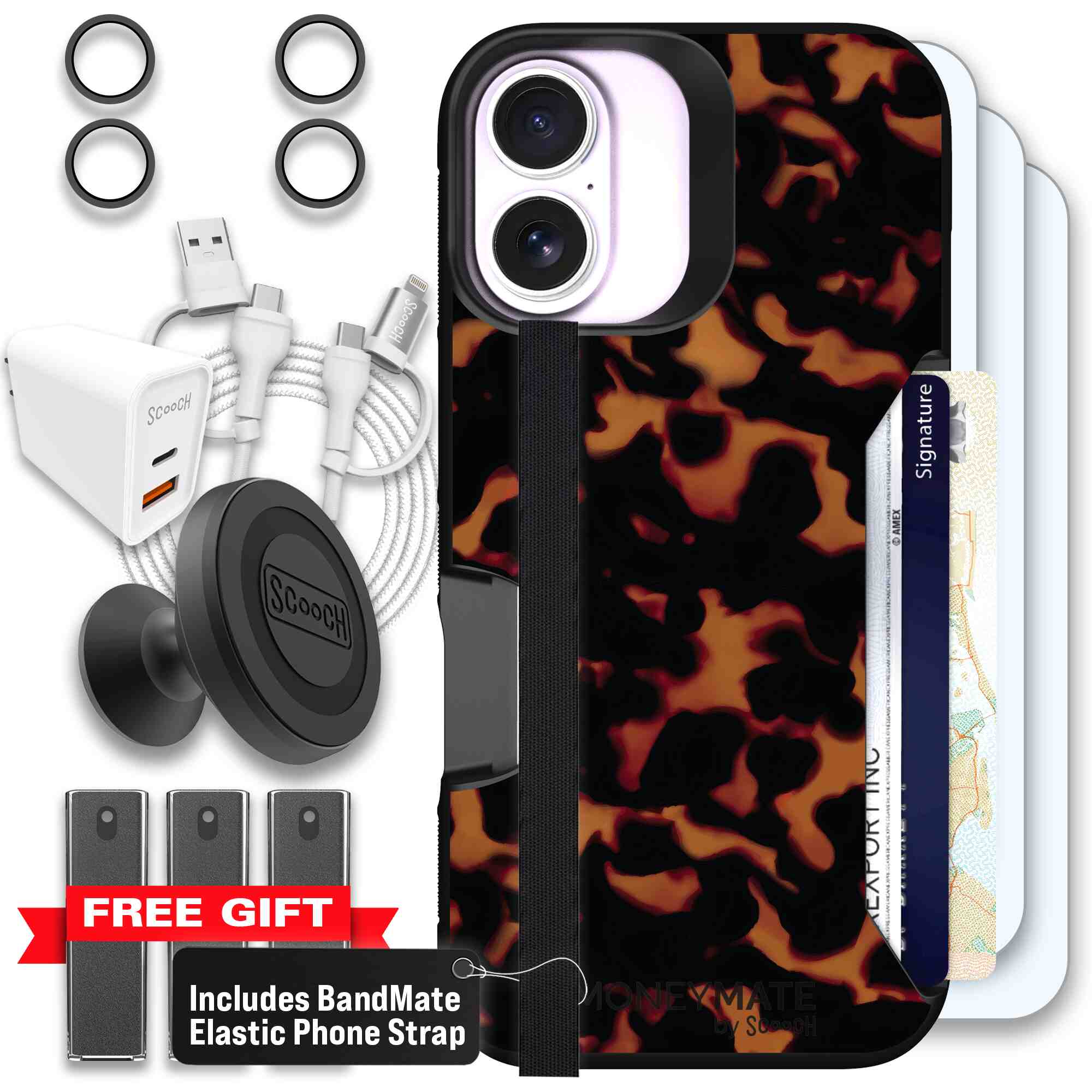Tortoise Shell amber brown and black mottled pattern on a Scooch Moneymate case for iPhone 17 - Ultimate Bundle