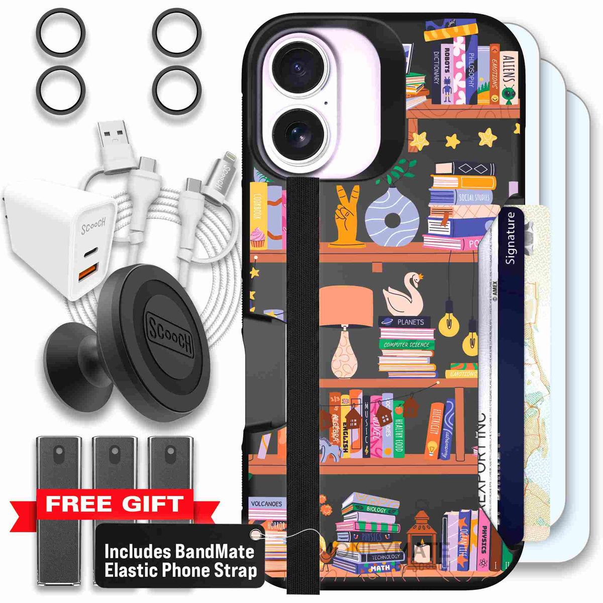 Little Library colorful book and bookshelf pattern on a Scooch Moneymate case for iPhone 17 - Ultimate Bundle
