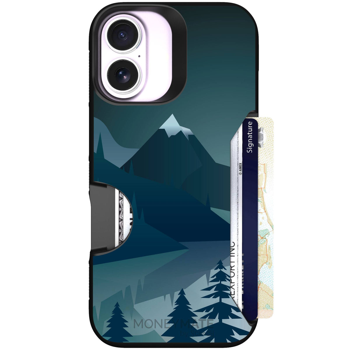 Midnight Ridge layered blue mountains and evergreen trees on a Scooch Moneymate case for iPhone 17