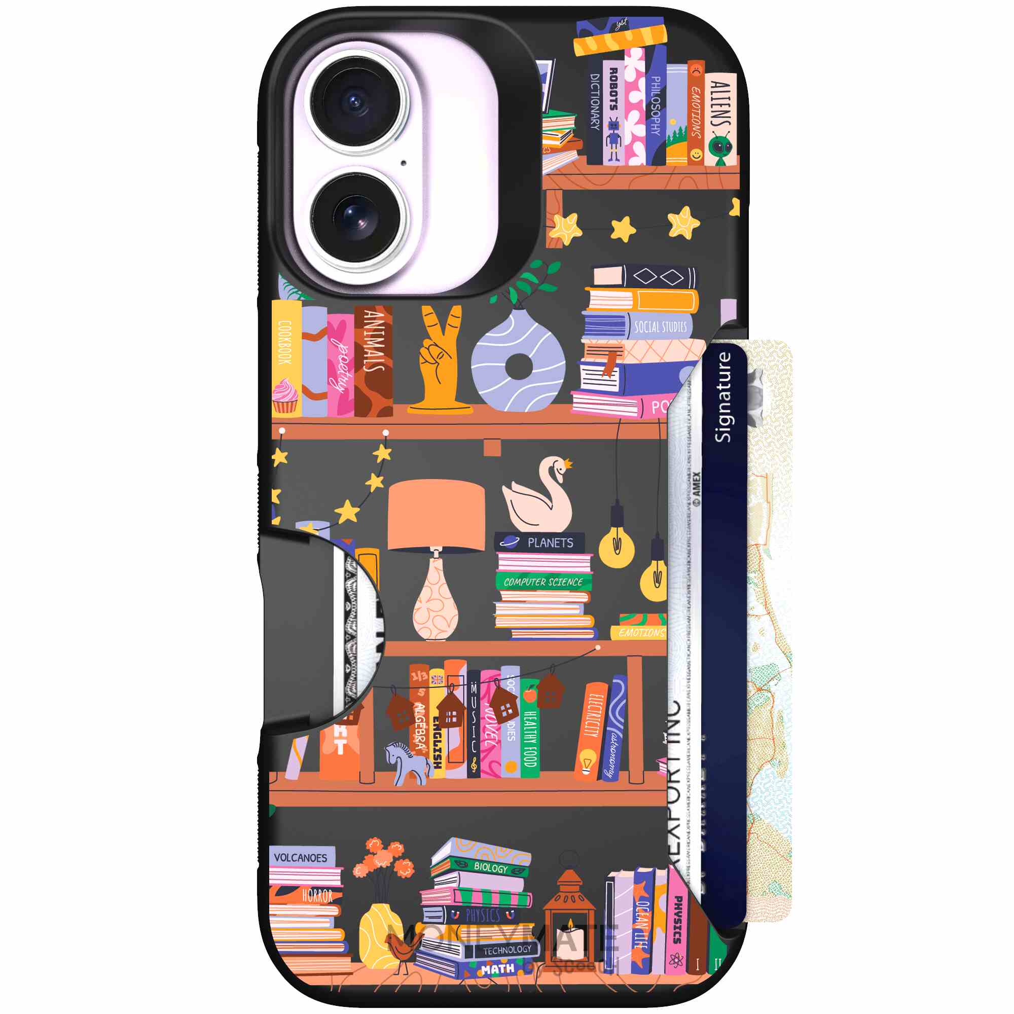 Little Library colorful book and bookshelf pattern on a Scooch Moneymate case for iPhone 17