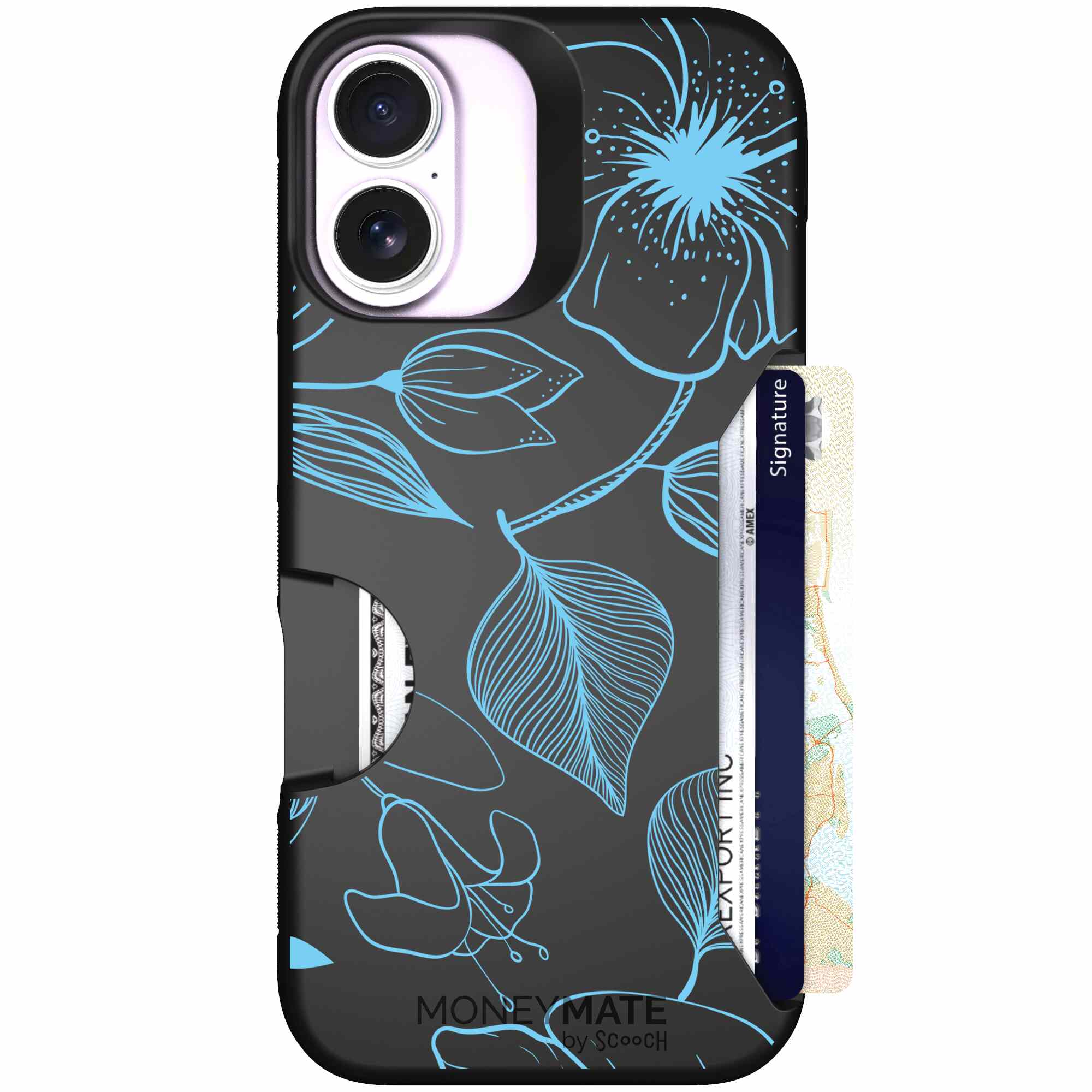 Blue Hibiscus cyan-blue tropical flower pattern on a charcoal Scooch Moneymate case for iPhone 17