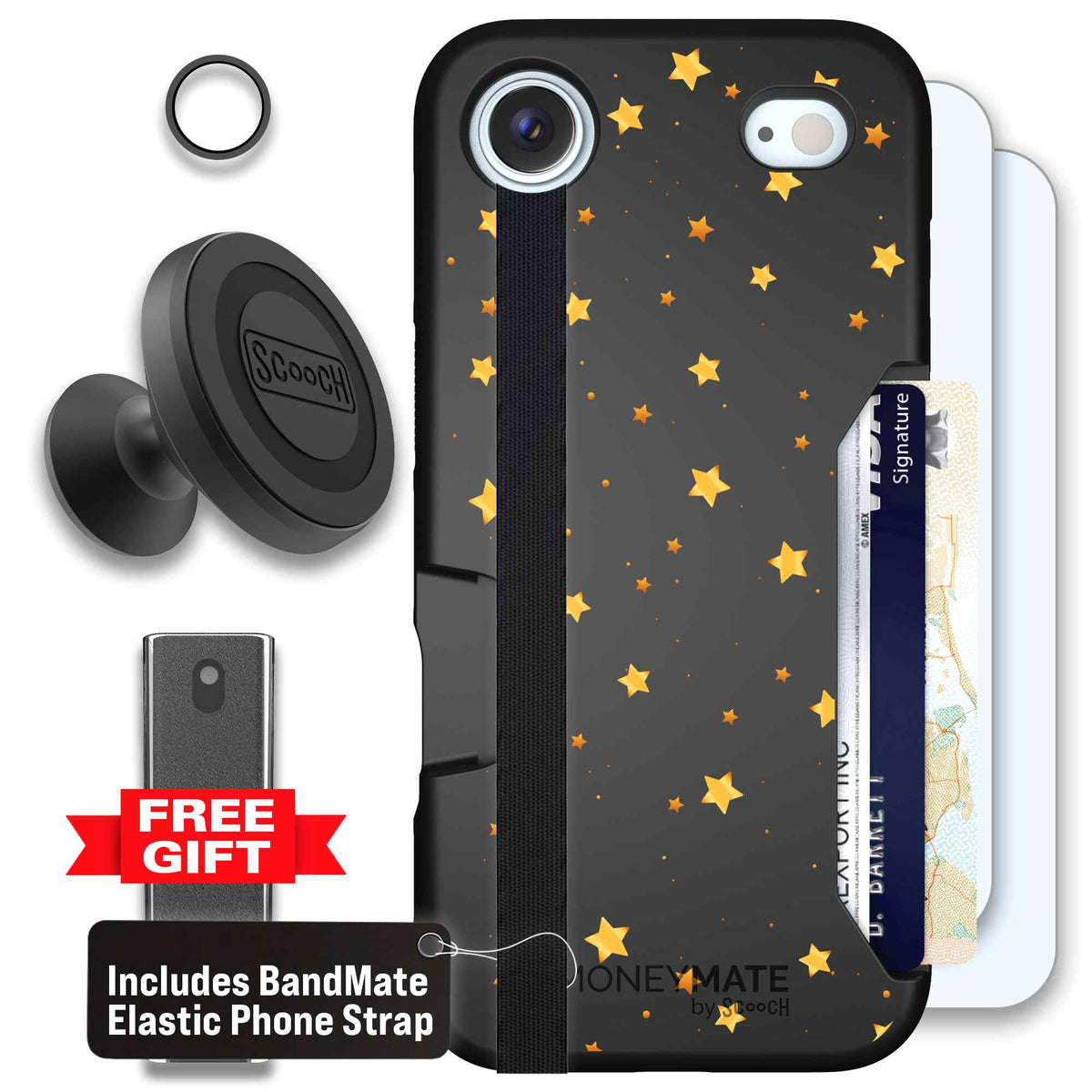 Gold Stars yellow and gold star pattern on a charcoal Scooch Moneymate case for iPhone Air - Defender Bundle