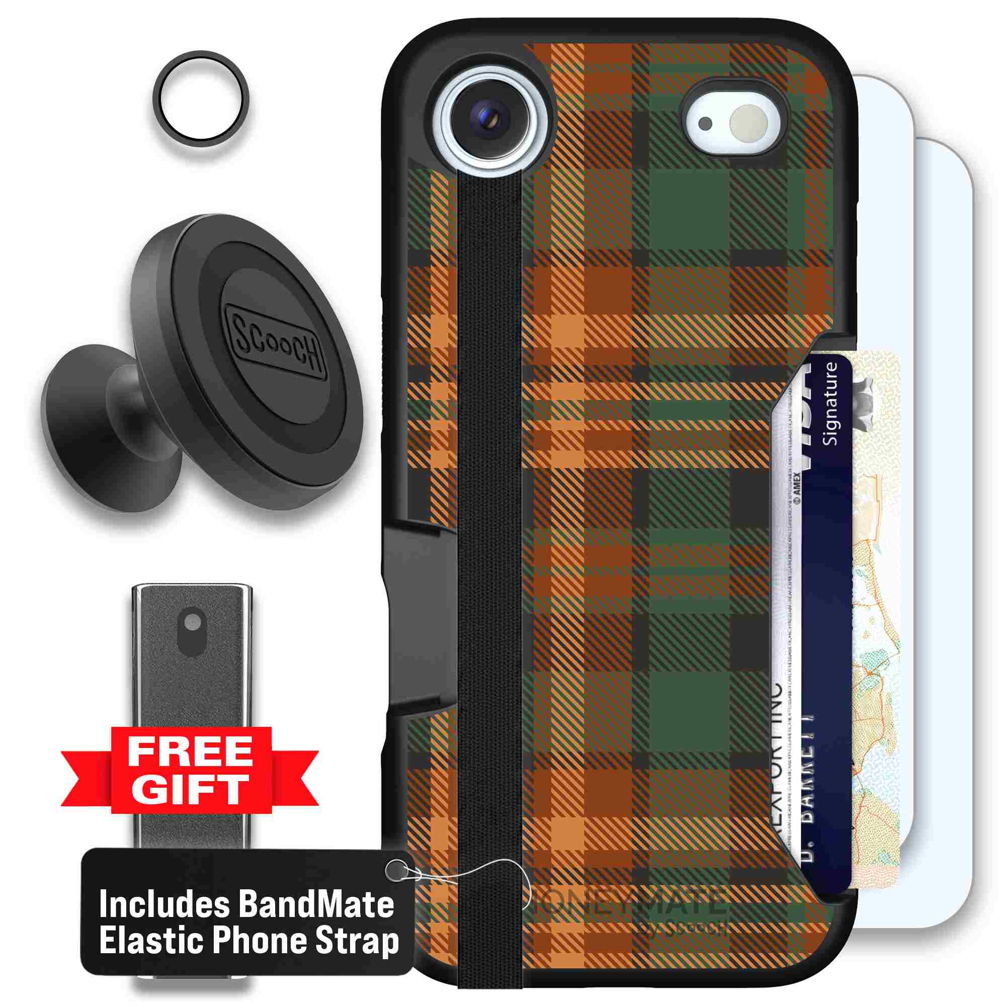 Fall Flannel orange and brown plaid pattern on a Scooch Moneymate case for iPhone Air - Defender Bundle