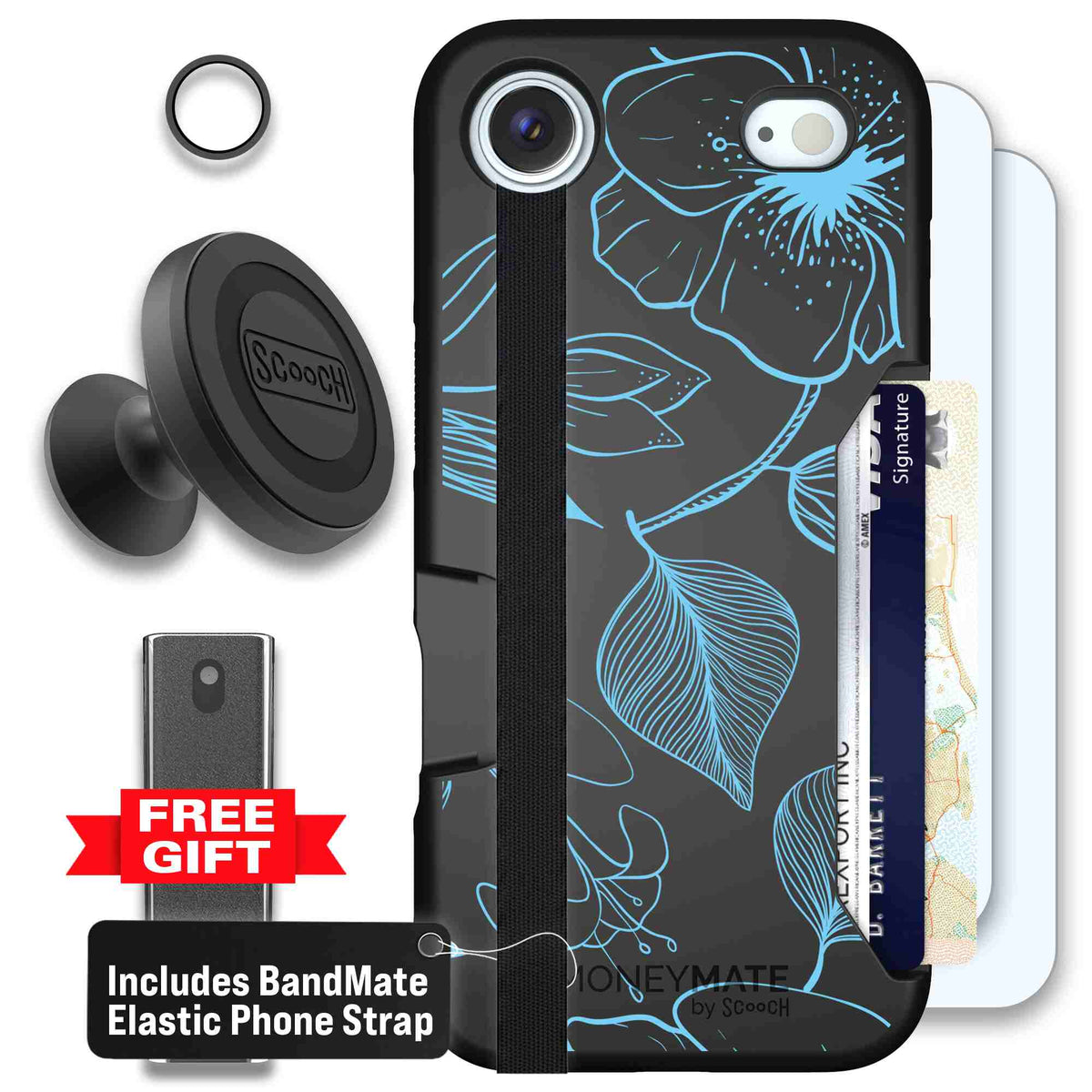 Blue Hibiscus cyan-blue tropical flower pattern on a charcoal Scooch Moneymate case for iPhone Air - Defender Bundle