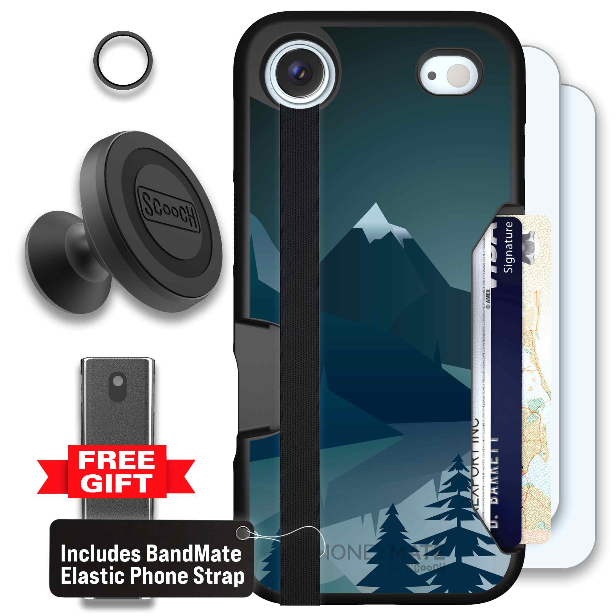 Midnight Ridge layered blue mountains and evergreen trees on a Scooch Moneymate case for iPhone Air - Defender Bundle
