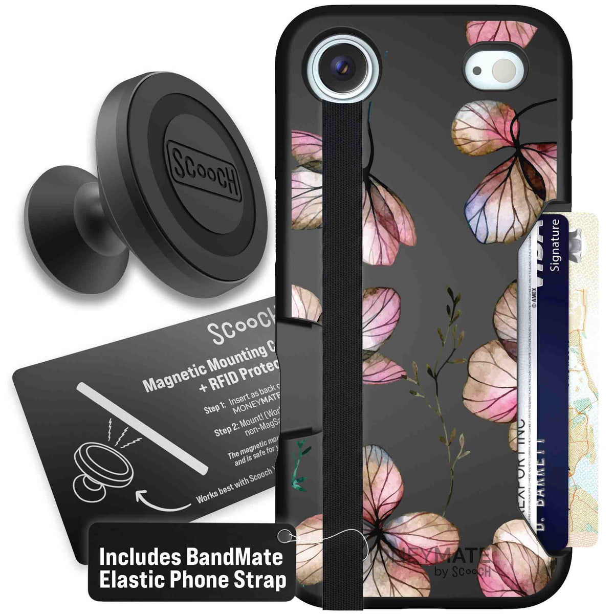 Dried Flowers blush mauve and cream floral pattern on a black Scooch Moneymate case for iPhone Air - Starter Bundle