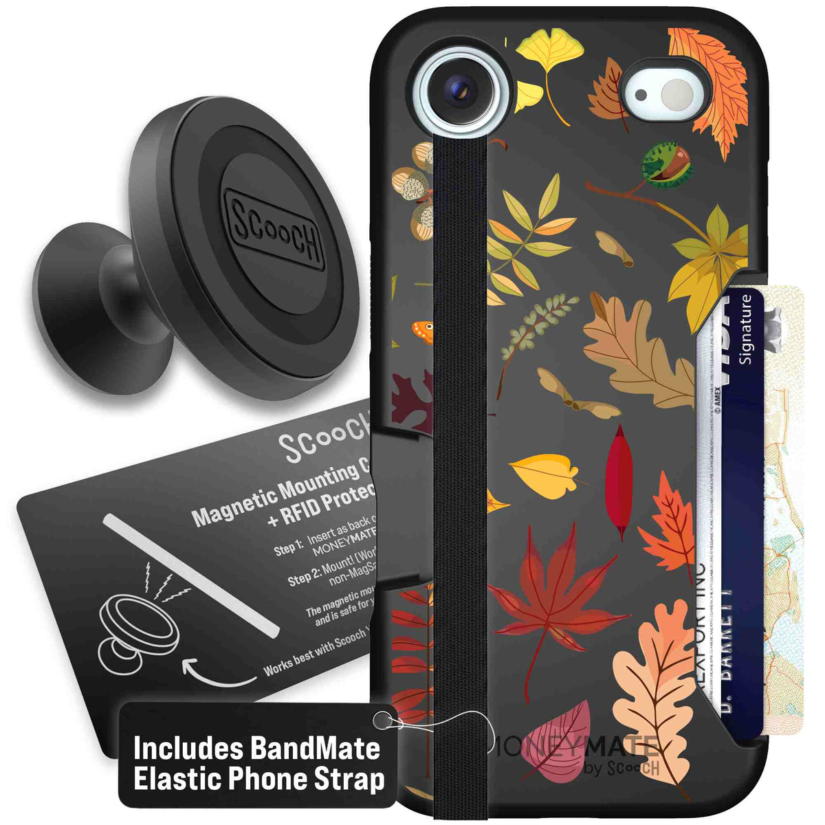Autumn Leaves multicolored fall foliage pattern on a charcoal Scooch Moneymate case for iPhone Air - Starter Bundle