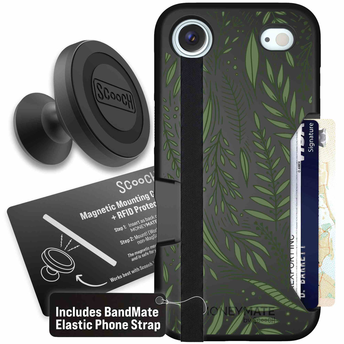 Willow Garden layered green leaves and branches on a charcoal Scooch Moneymate case for iPhone Air - Starter Bundle