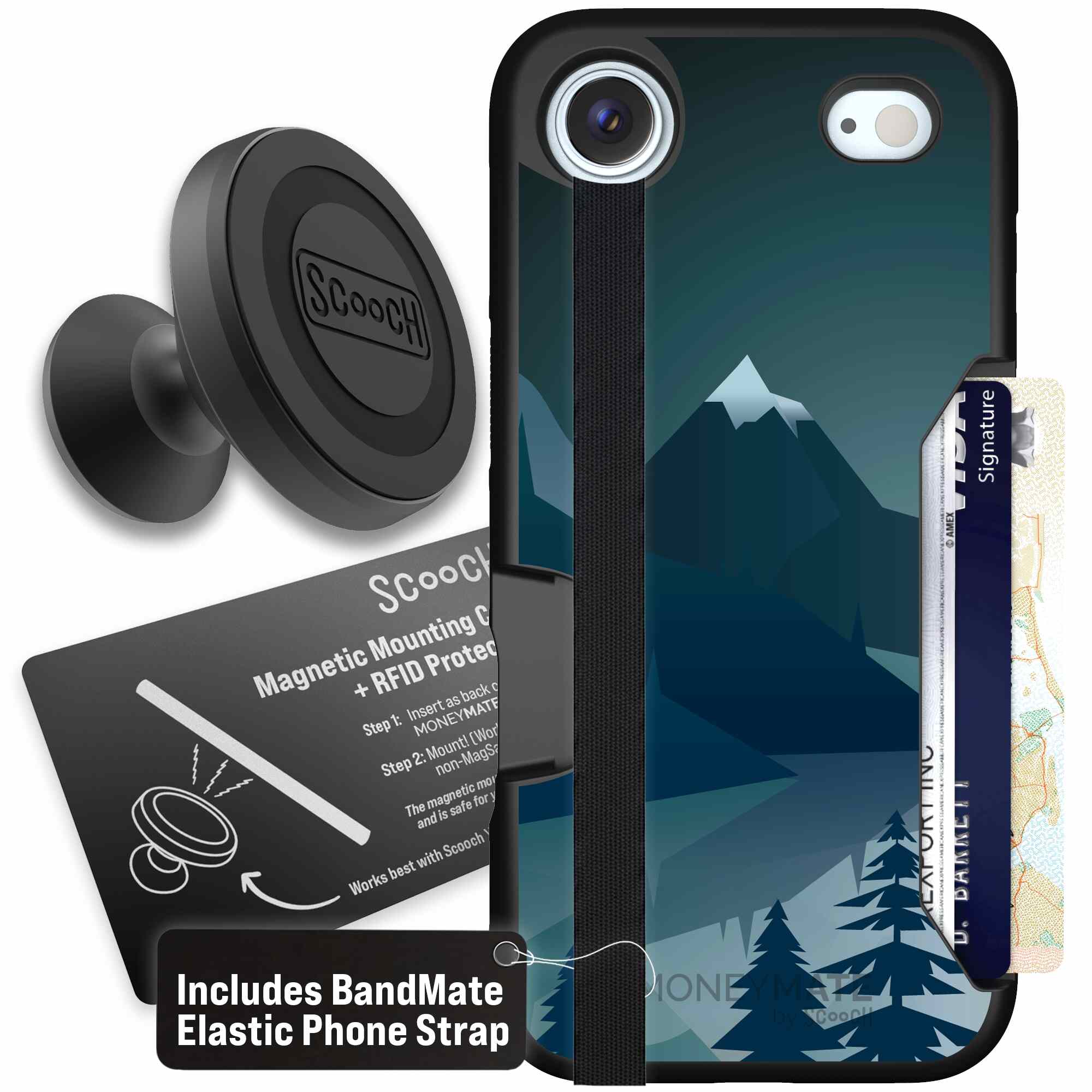 Midnight Ridge layered blue mountains and evergreen trees on a Scooch Moneymate case for iPhone Air - Starter Bundle