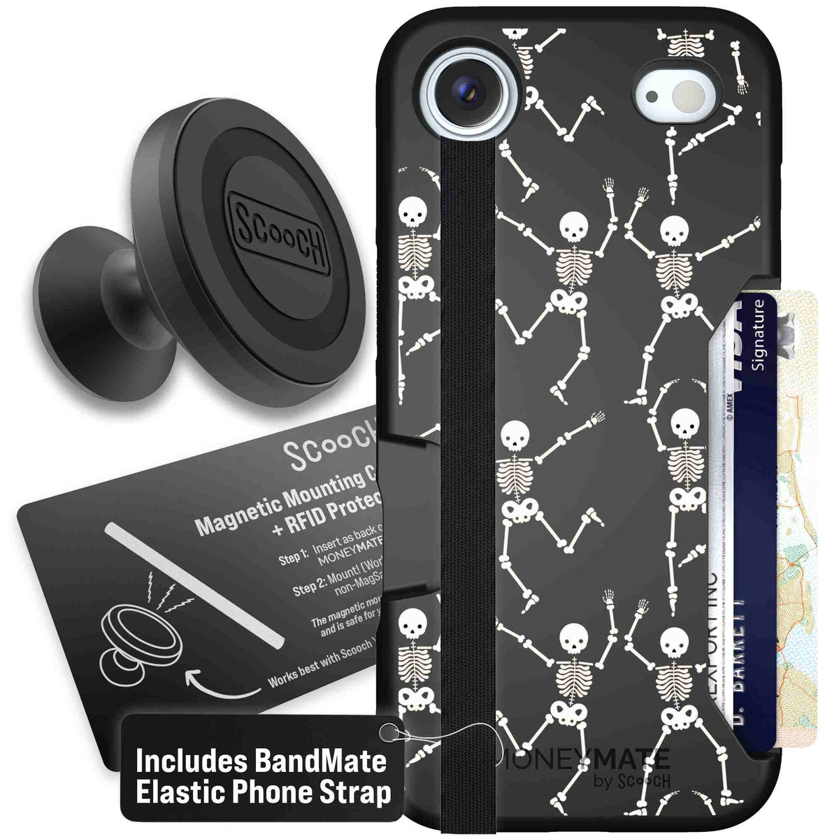 Swinging Skeletons white dancing skeleton pattern on a black Scooch Moneymate case for iPhone Air - Starter Bundle