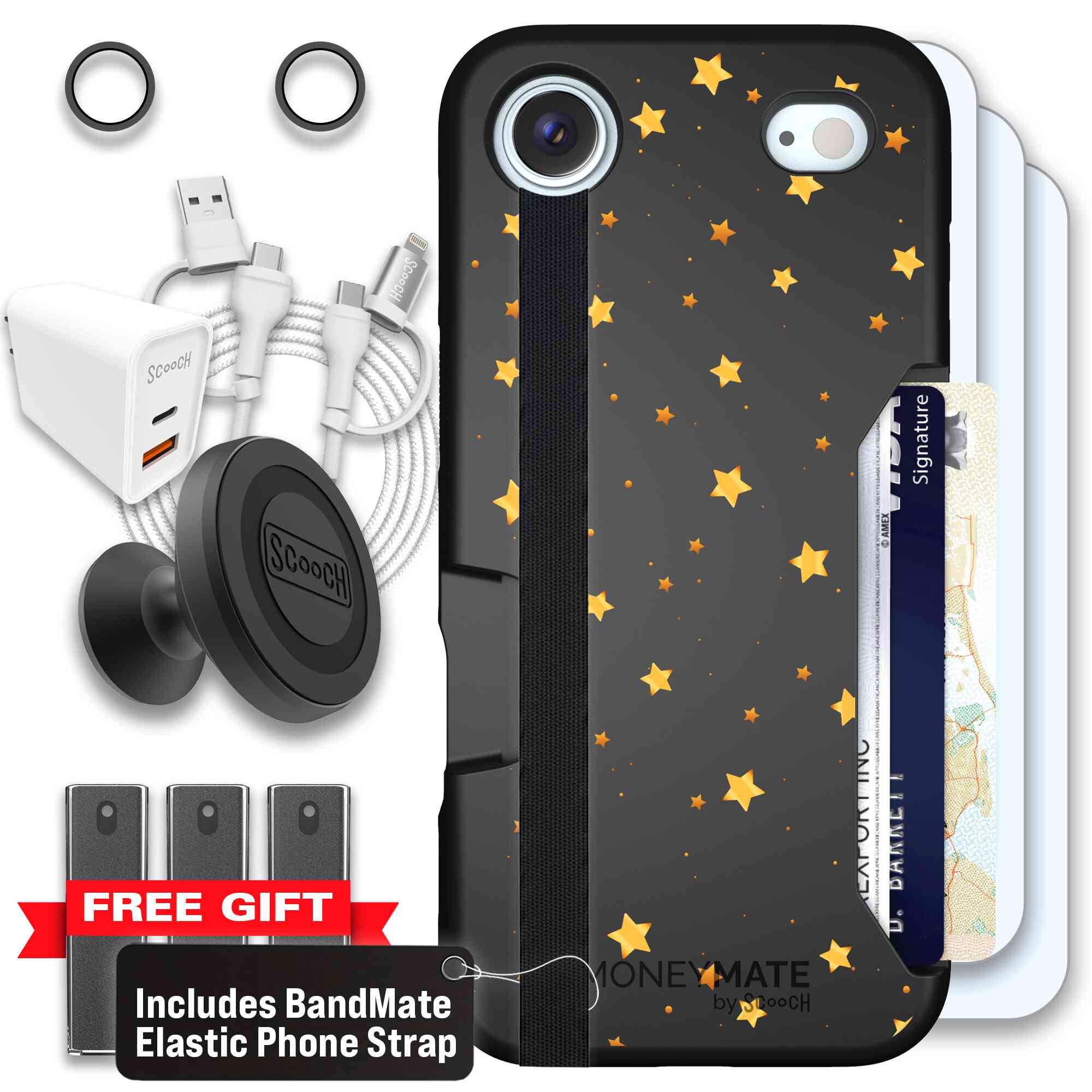 Gold Stars yellow and gold star pattern on a charcoal Scooch Moneymate case for iPhone Air - Ultimate Bundle
