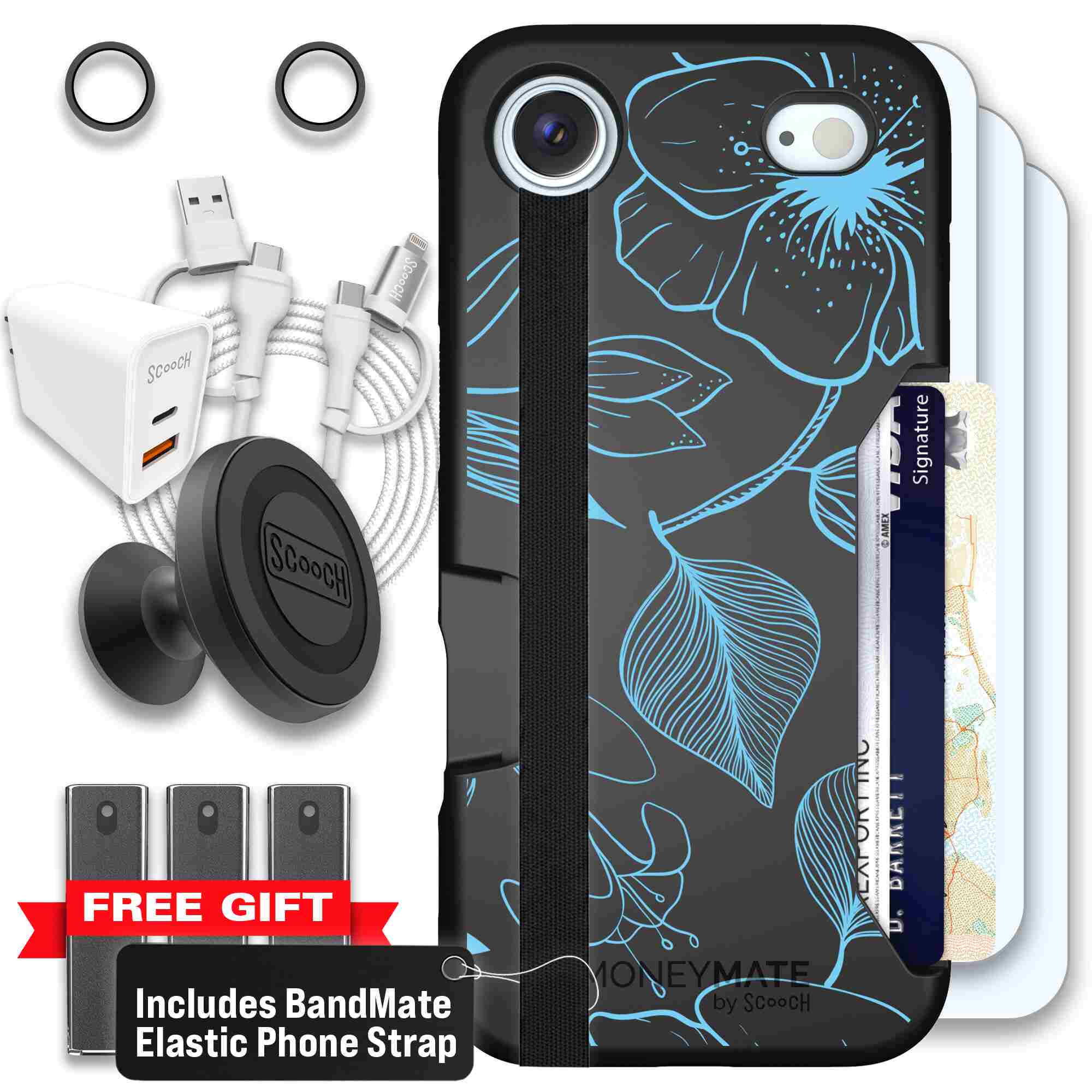 Blue Hibiscus cyan-blue tropical flower pattern on a charcoal Scooch Moneymate case for iPhone Air - Ultimate Bundle