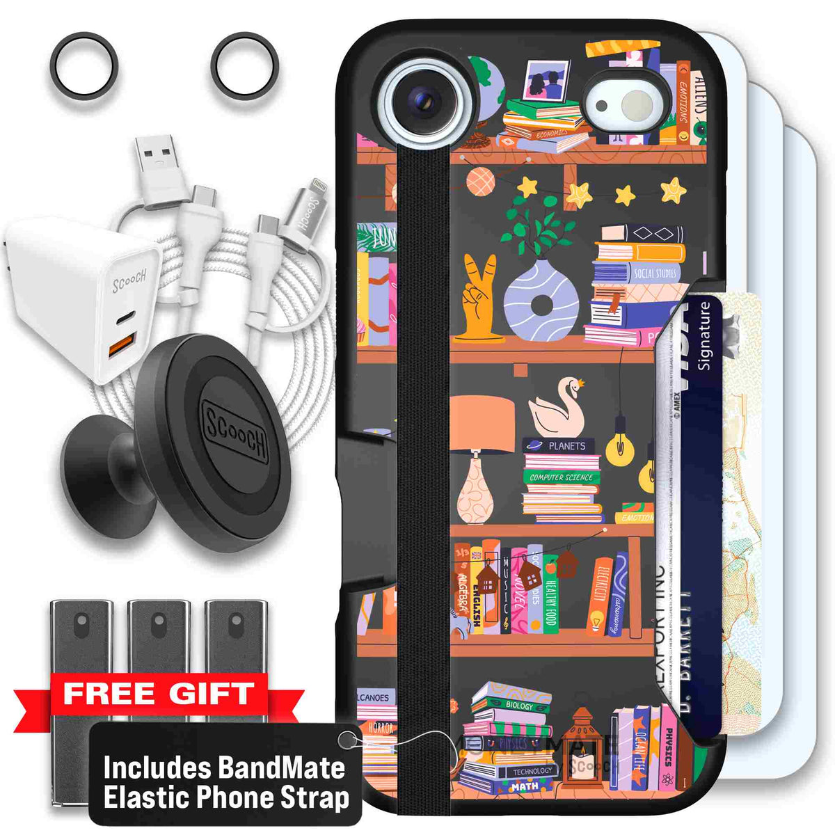 Little Library colorful book and bookshelf pattern on a Scooch Moneymate case for iPhone Air - Ultimate Bundle