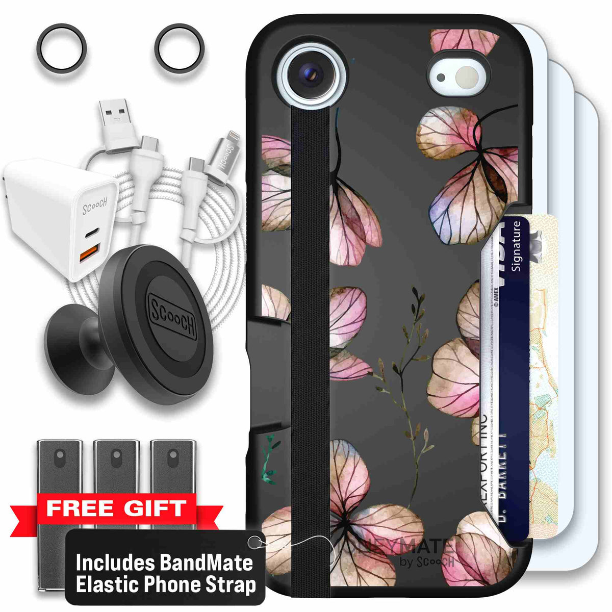 Dried Flowers blush mauve and cream floral pattern on a black Scooch Moneymate case for iPhone Air - Ultimate Bundle