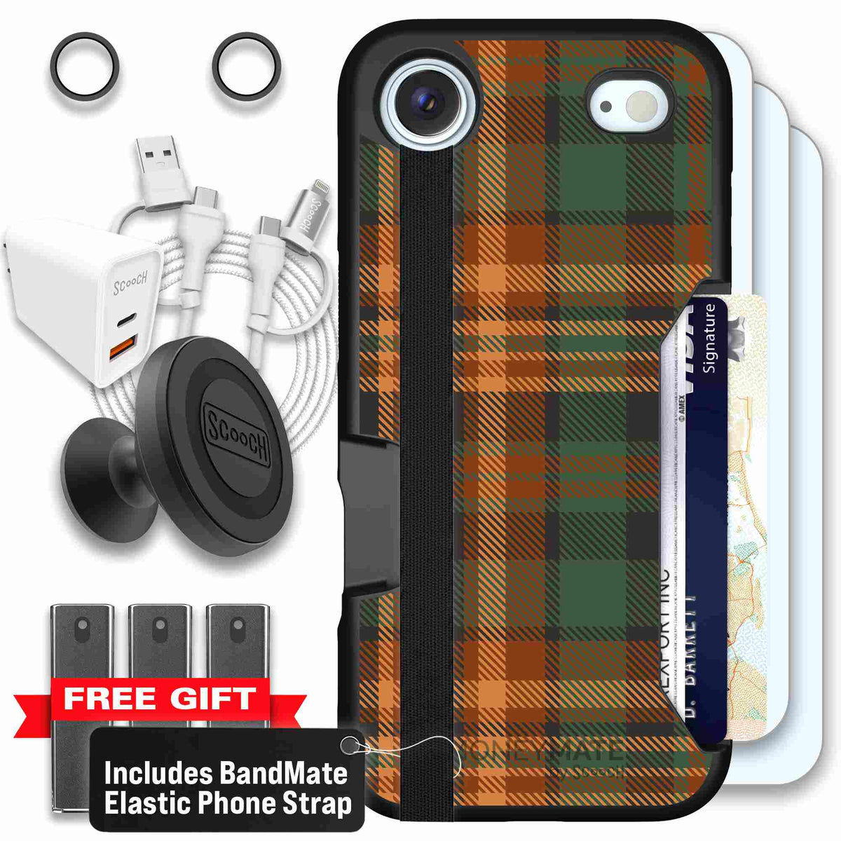 Fall Flannel orange and brown plaid pattern on a Scooch Moneymate case for iPhone Air - Ultimate Bundle