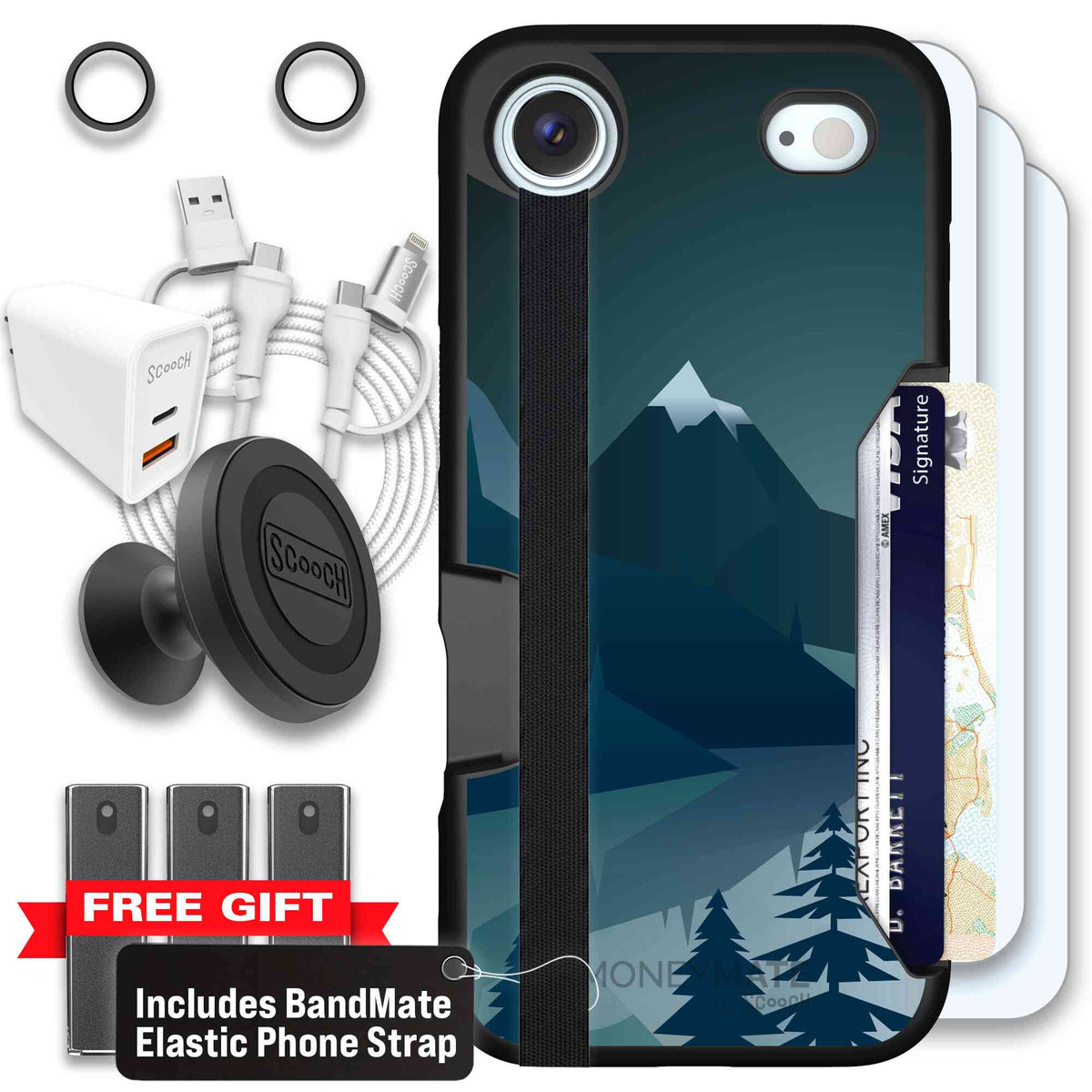 Midnight Ridge layered blue mountains and evergreen trees on a Scooch Moneymate case for iPhone Air - Ultimate Bundle
