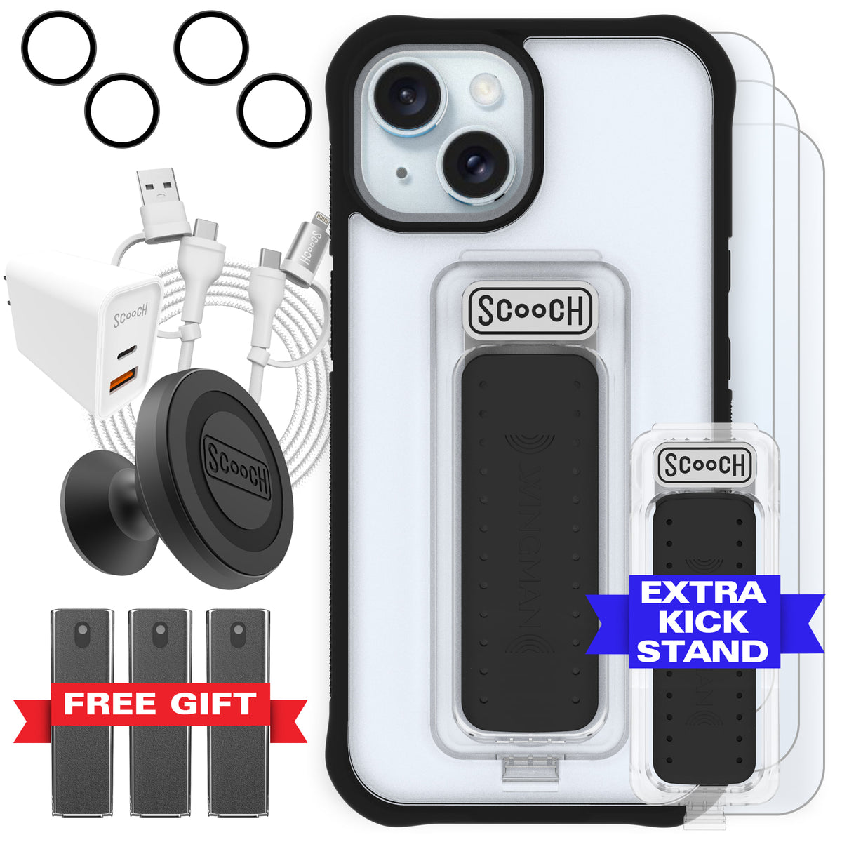 Scooch Wingman Ultimate Bundle for iPhone 15 in Tuxedo Clear